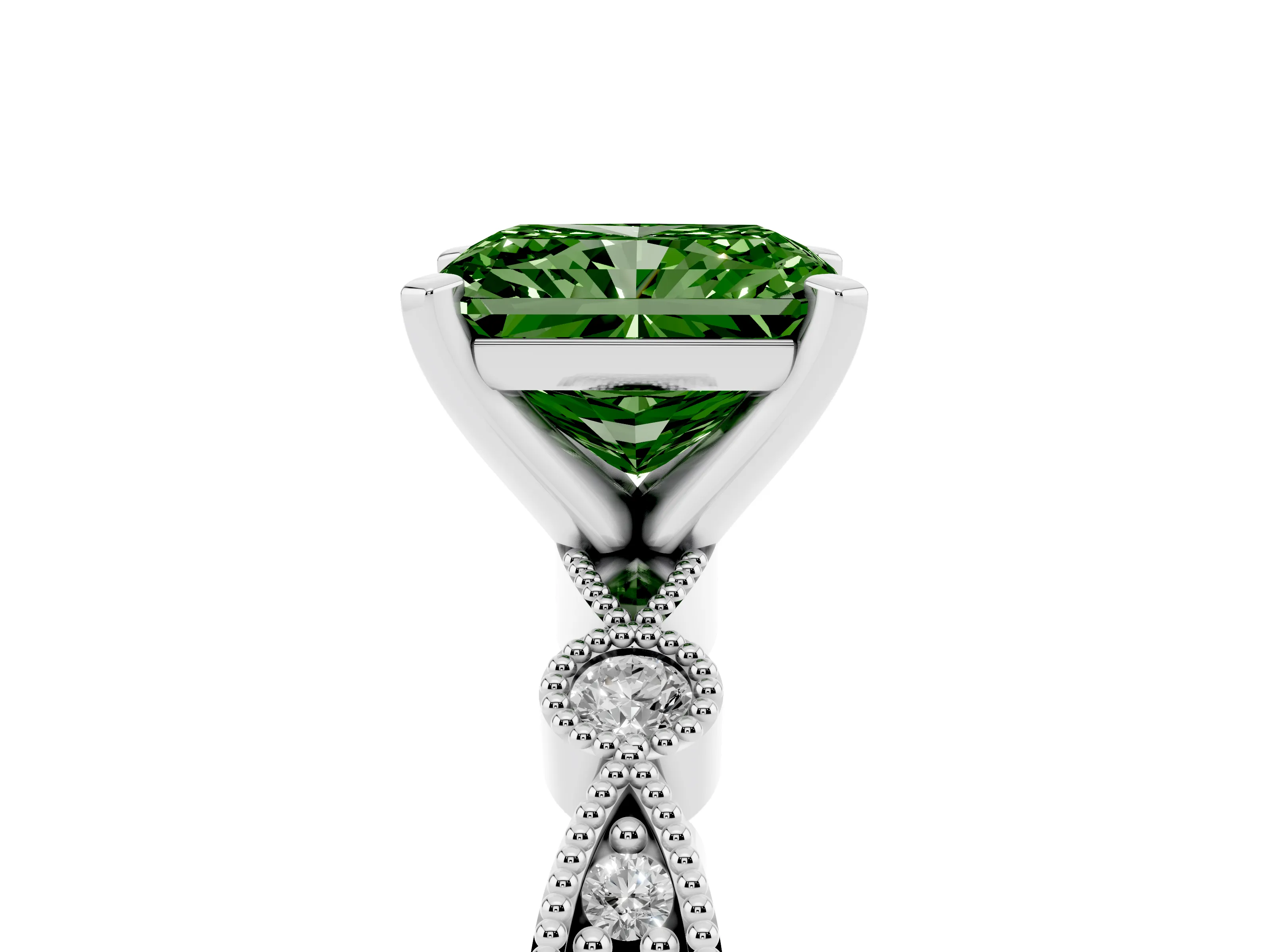 Fancy Green Radiant Cut Diamond Solitaire Engagement Ring Set in White gold with Milgrain Bezel Accent Band