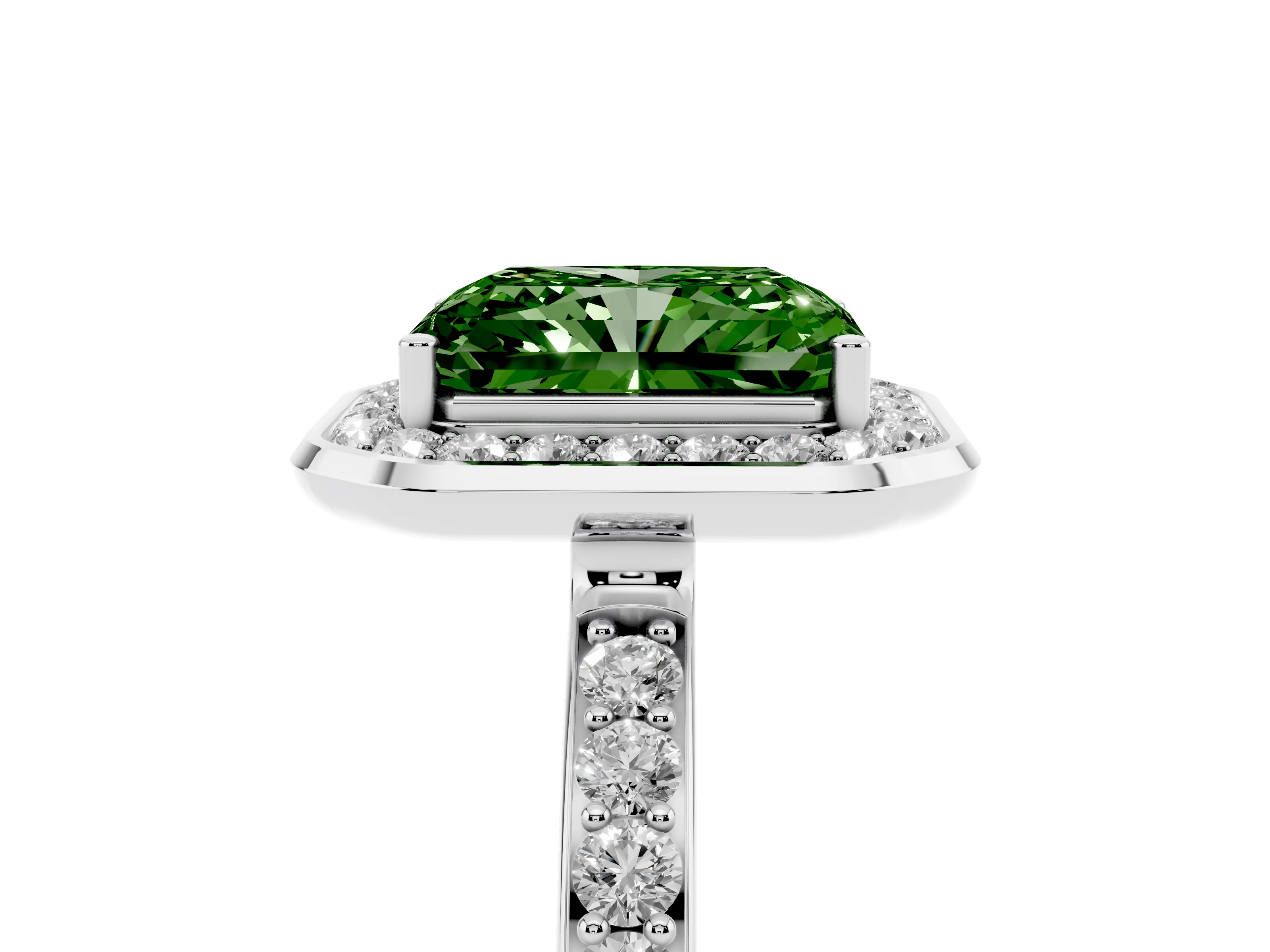 Fancy Green Radiant Cut Diamond Halo Ring Set in Silver with Bezel Frame and Pavé Band