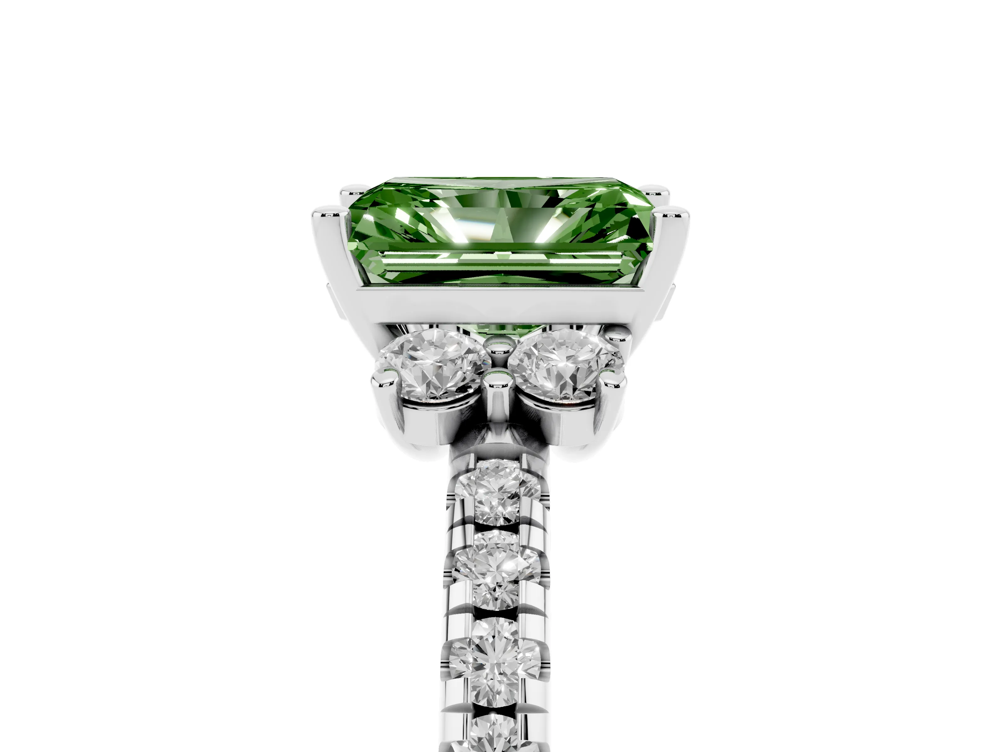 Fancy Green Radiant Cut Diamond Three-Stone Pavé Ring Set in Platinum with Prong Setting