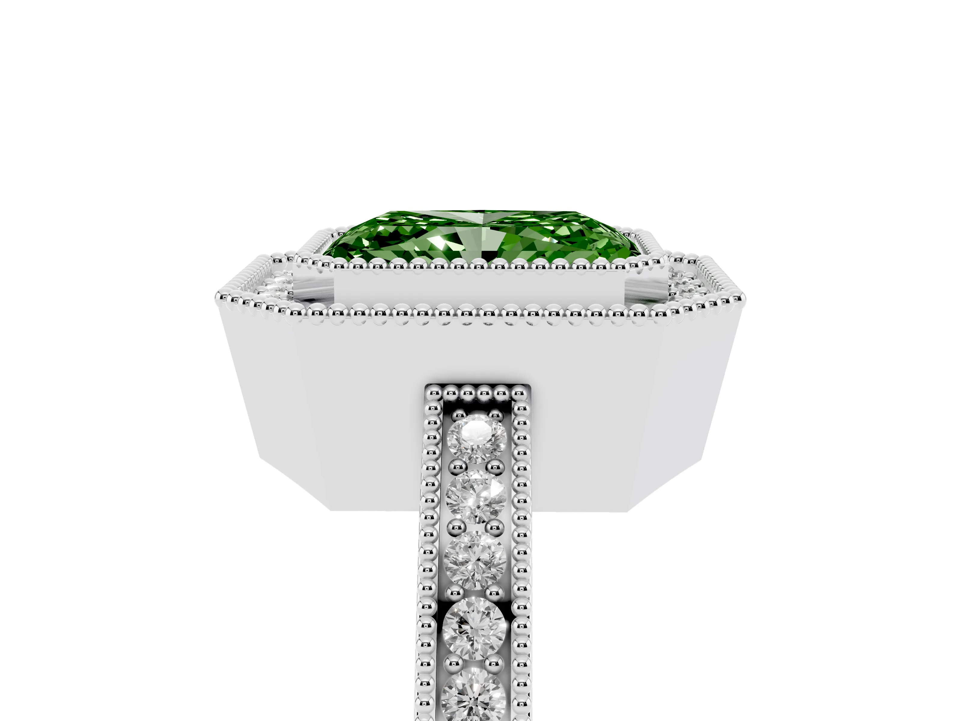 Fancy Green Radiant Cut Diamond Halo Ring Set in White gold with Pavé Band and Milgrain-Edged Prongs