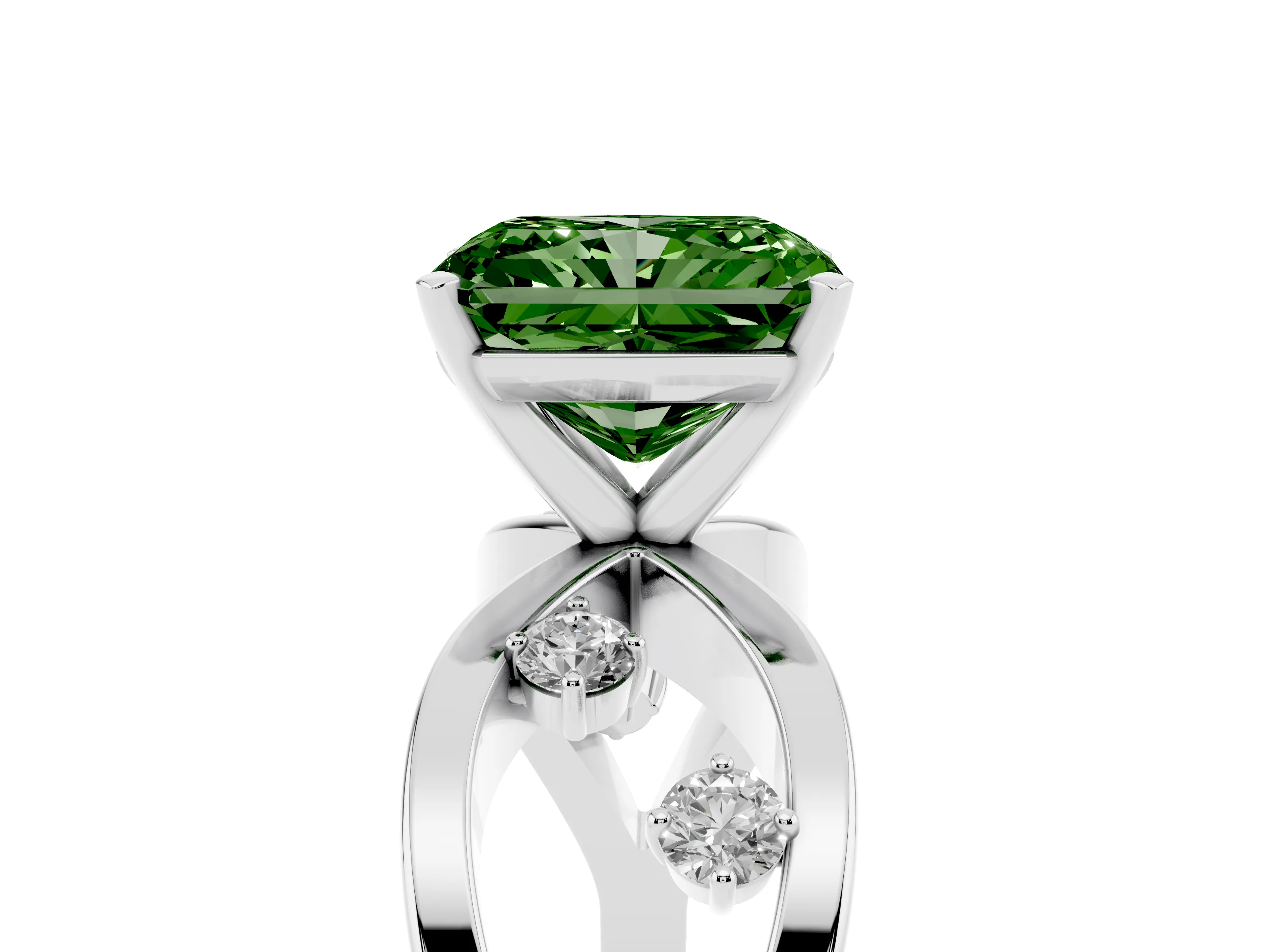 Fancy Green Radiant Cut Diamond Solitaire Ring Set in Platinum with Side Stones on Criss-Cross Band and Prong Setting