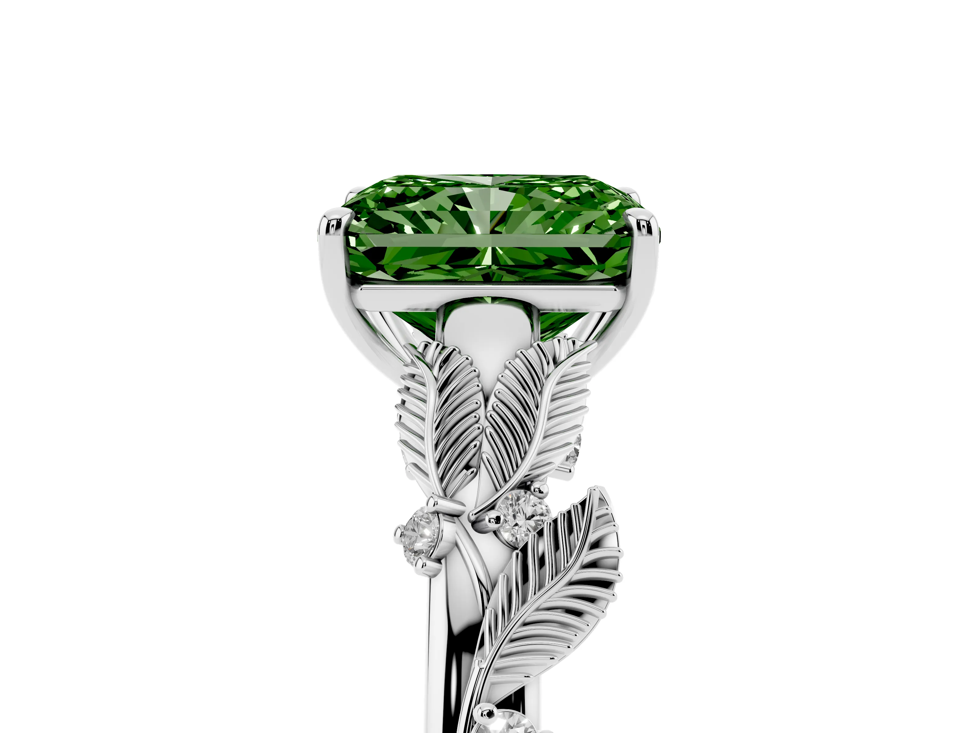 Fancy Green Radiant Cut Diamond Solitaire Ring Set in Platinum with Leaf Motif Band