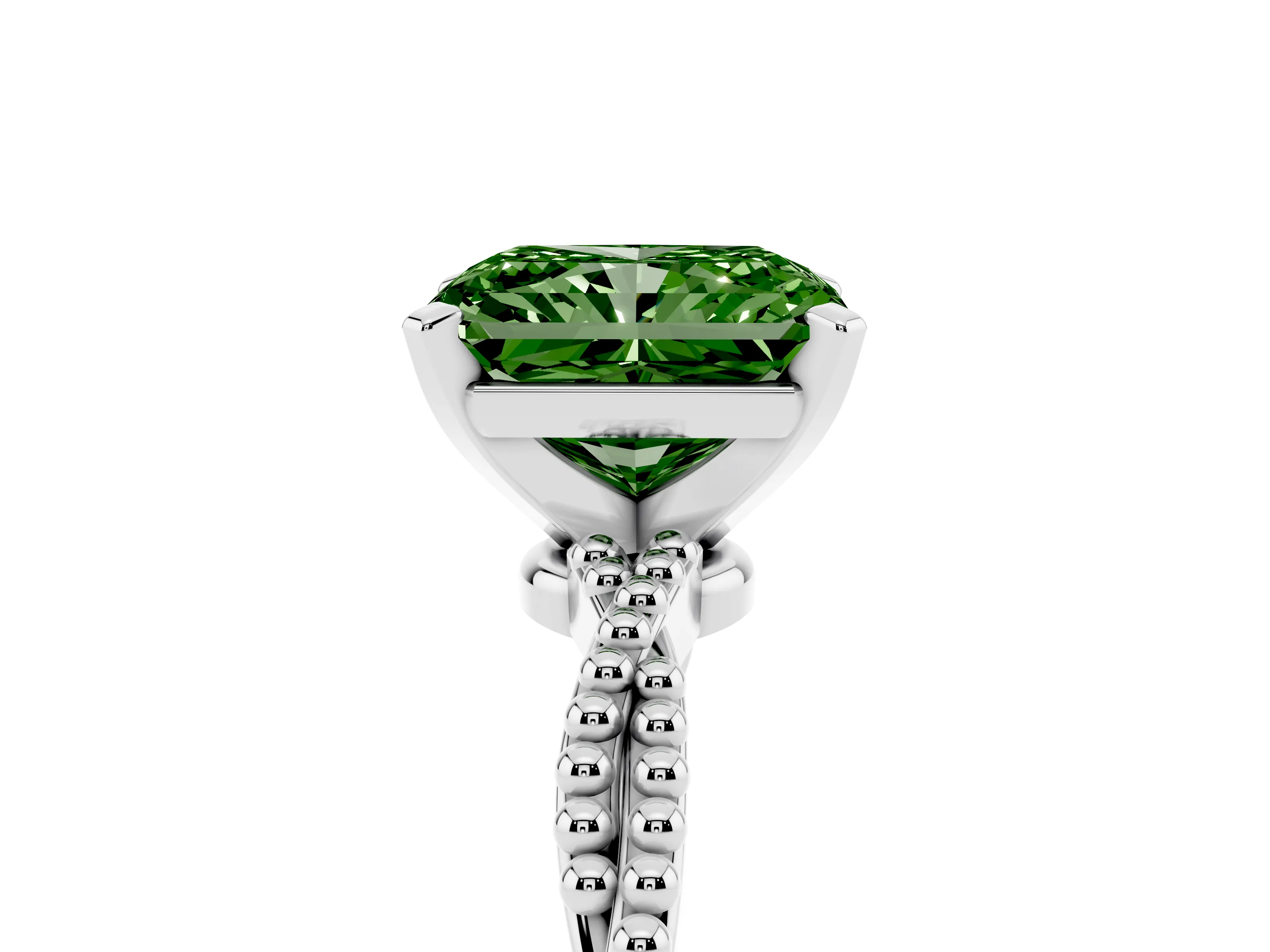 Fancy Green Radiant Cut Diamond Solitaire Ring Set in Silver with Twisted Band and Bead Prong Setting