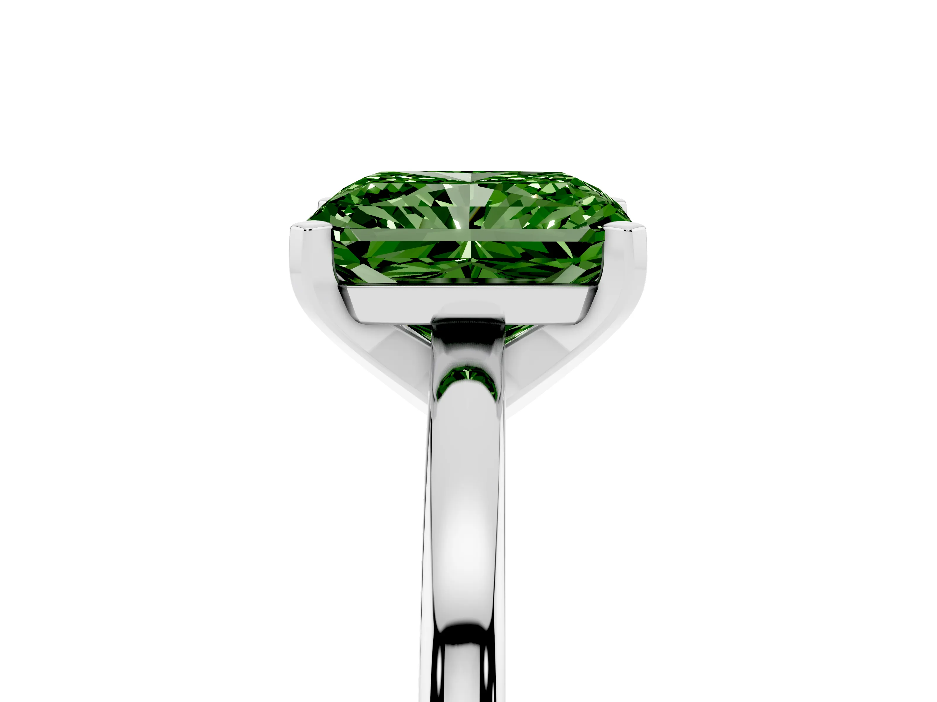 Fancy Green Radiant Cut Diamond Solitaire Engagement Ring Set in Platinum with Prong Setting on a Classic Band