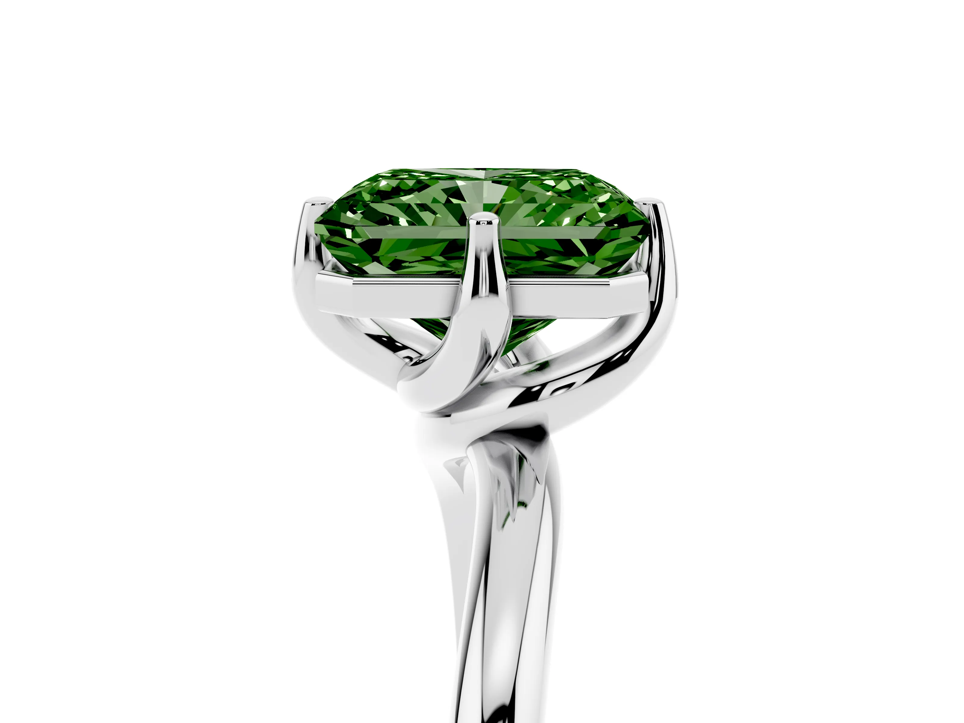 Fancy Green Radiant Cut Diamond Solitaire Engagement Ring Set in Platinum with Classic Plain Band