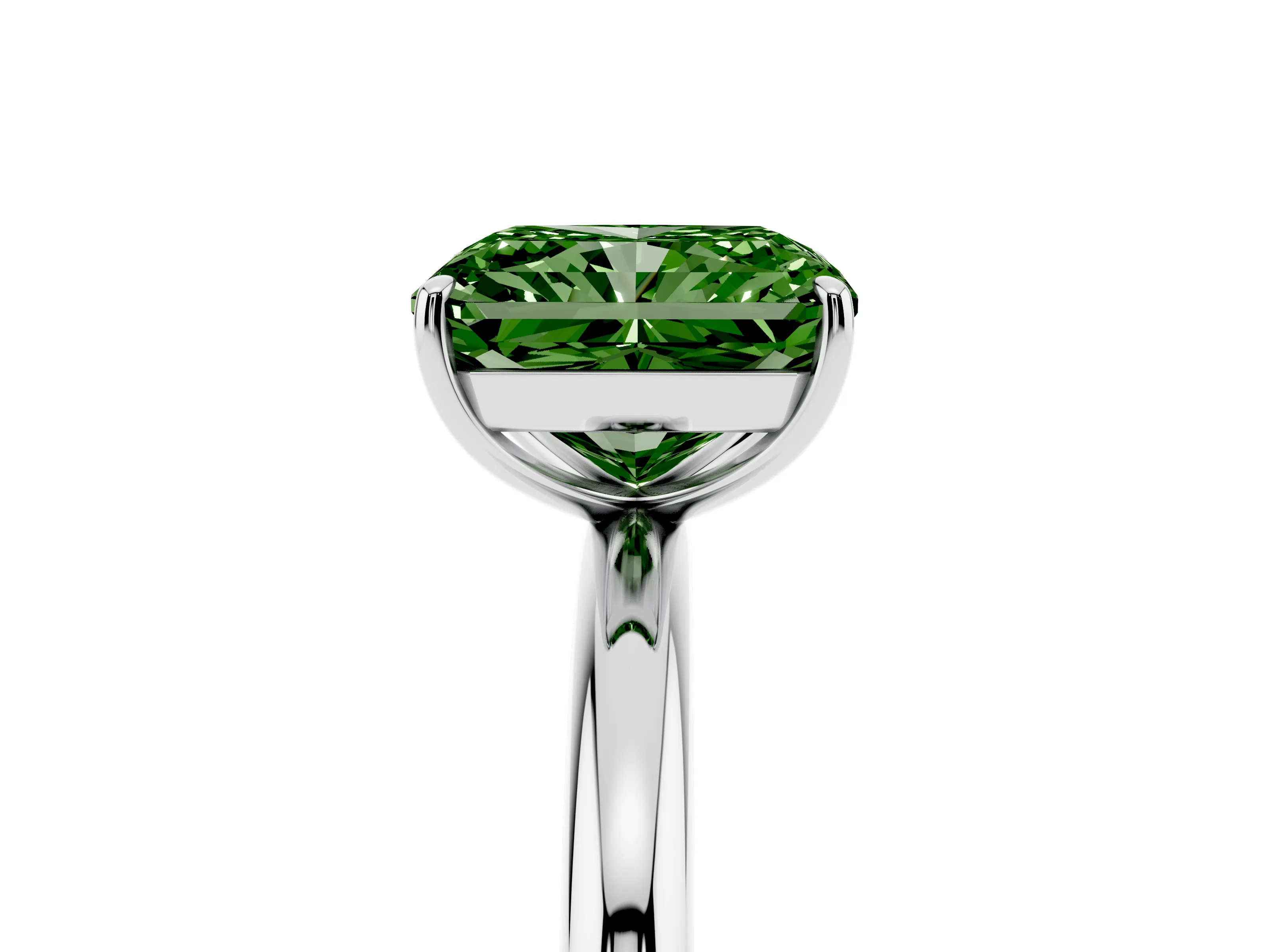 Fancy Green Radiant Cut Diamond Solitaire Ring Set in Silver with Prong Setting on a Polished Plain Band