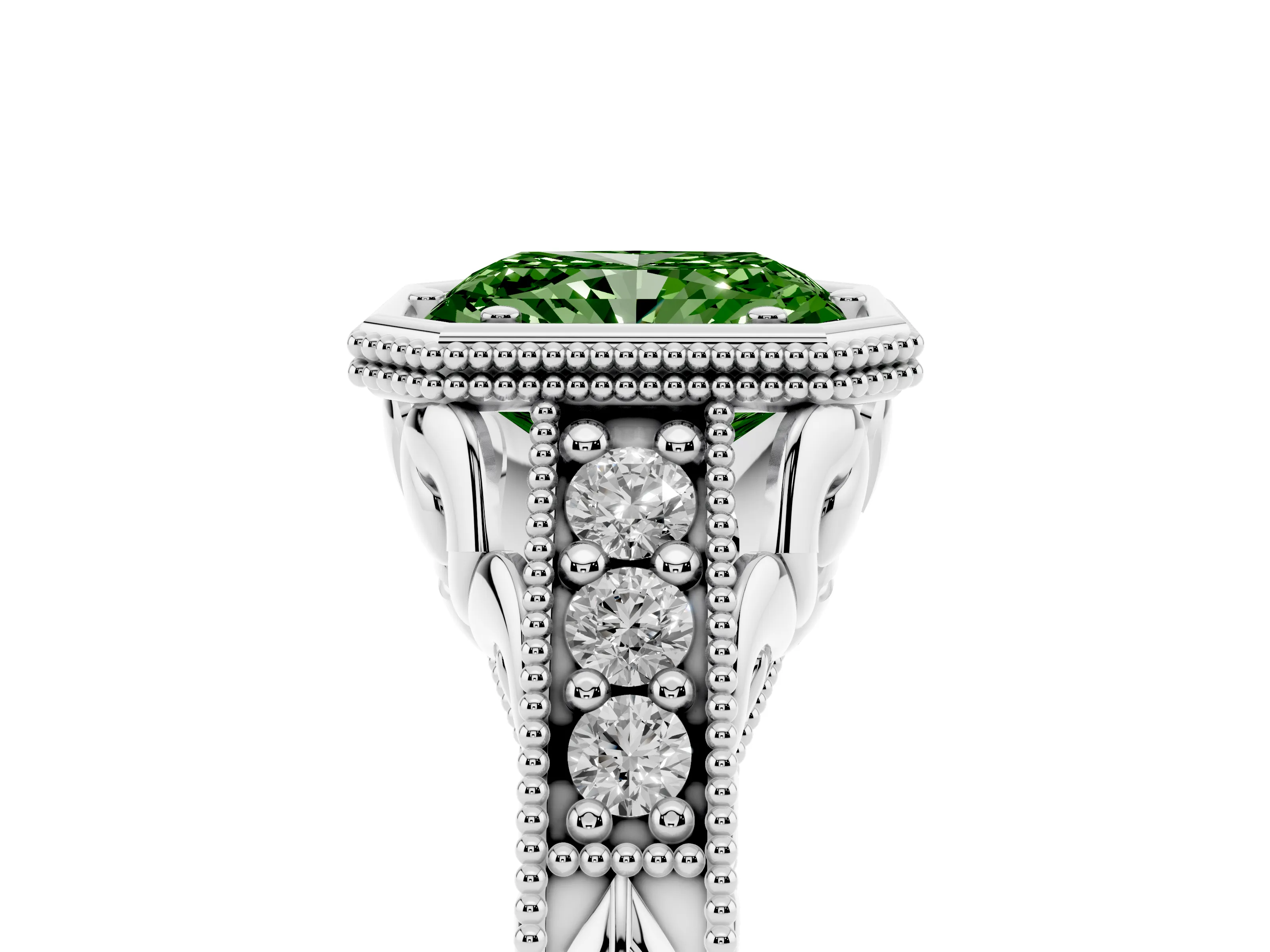 Fancy Green Bezel Set Radiant Cut Diamond Milgrain Pavé Engagement Ring Set in Platinum