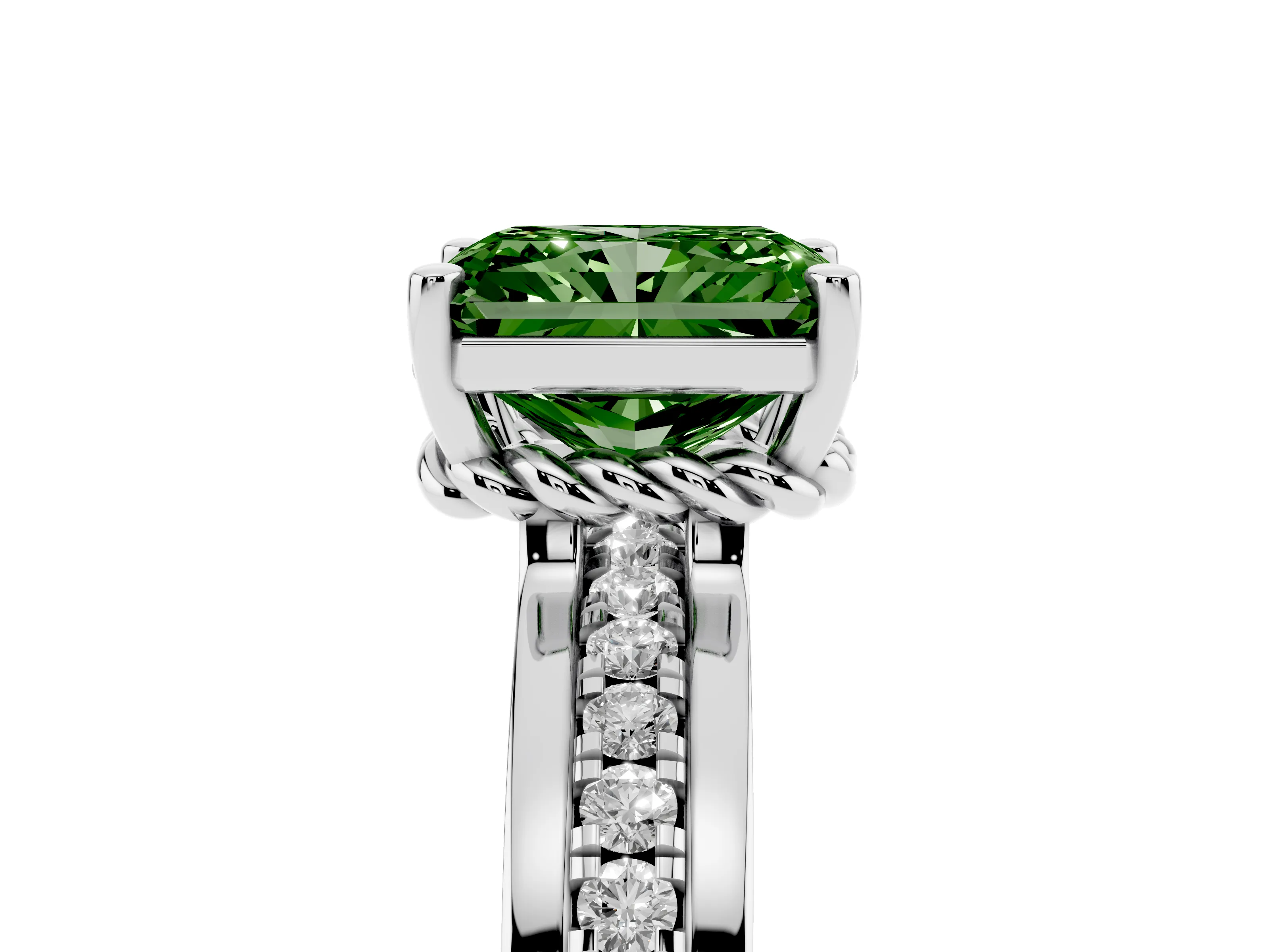 Fancy Green Radiant Cut Diamond Solitaire Ring Set in White gold with Channel Set Band and Prong Setting