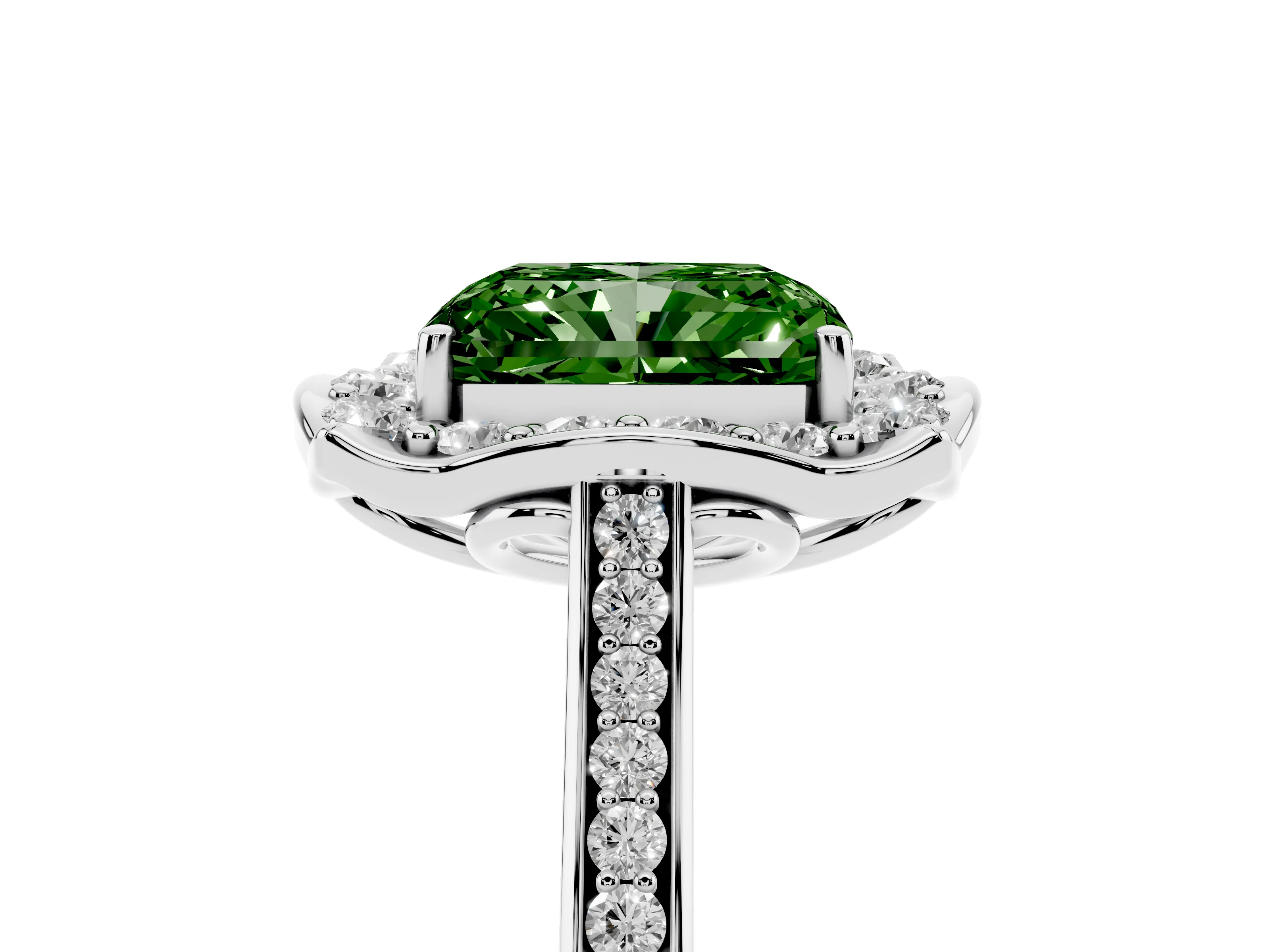 Fancy Green Radiant Cut Diamond Halo Ring Set in White gold with Pavé-Lined Shoulders and Prong Setting