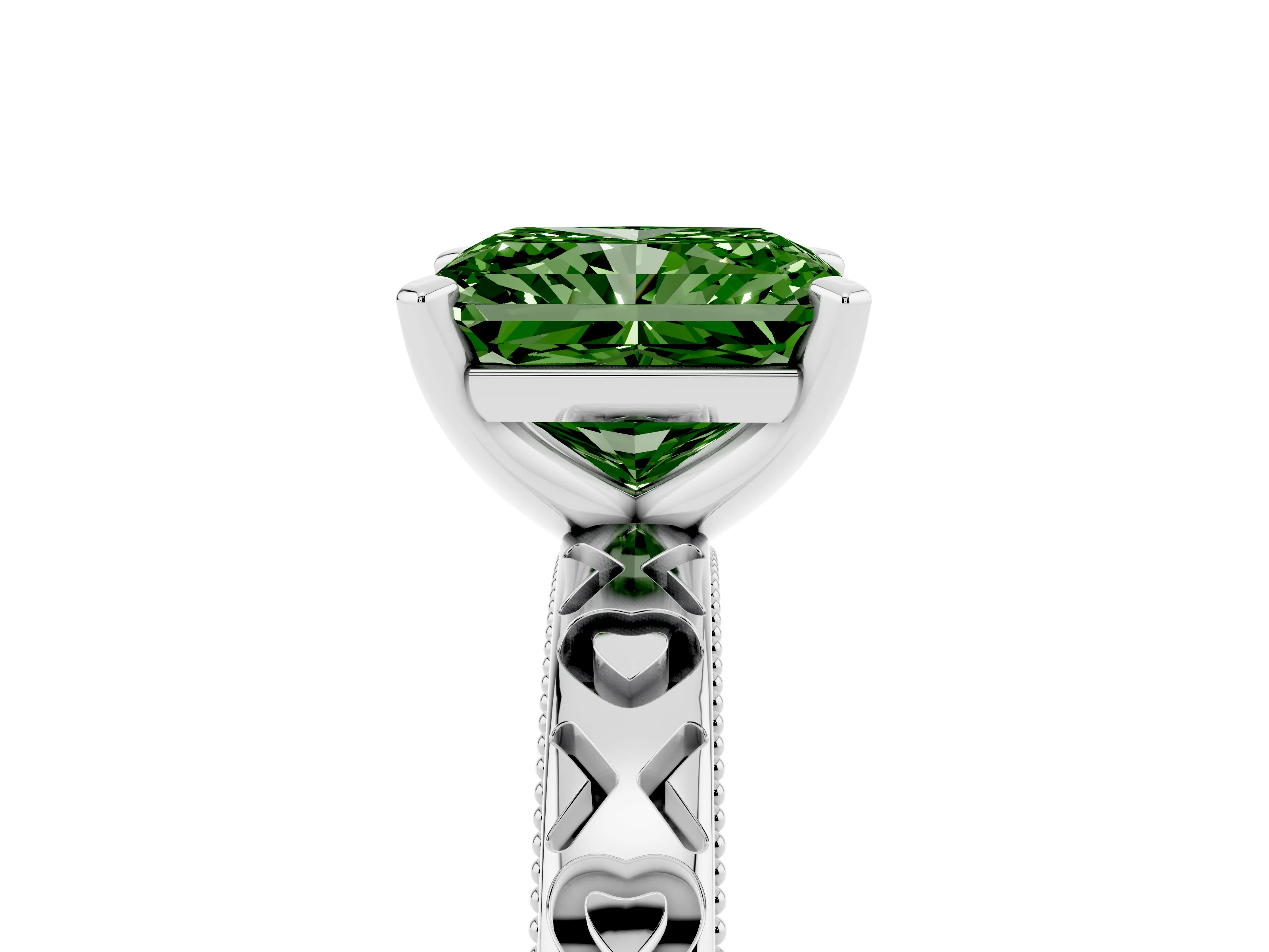 Fancy Green Radiant Cut Diamond Solitaire Engagement Ring Set in Platinum with XO Engraved Band and Prong Setting