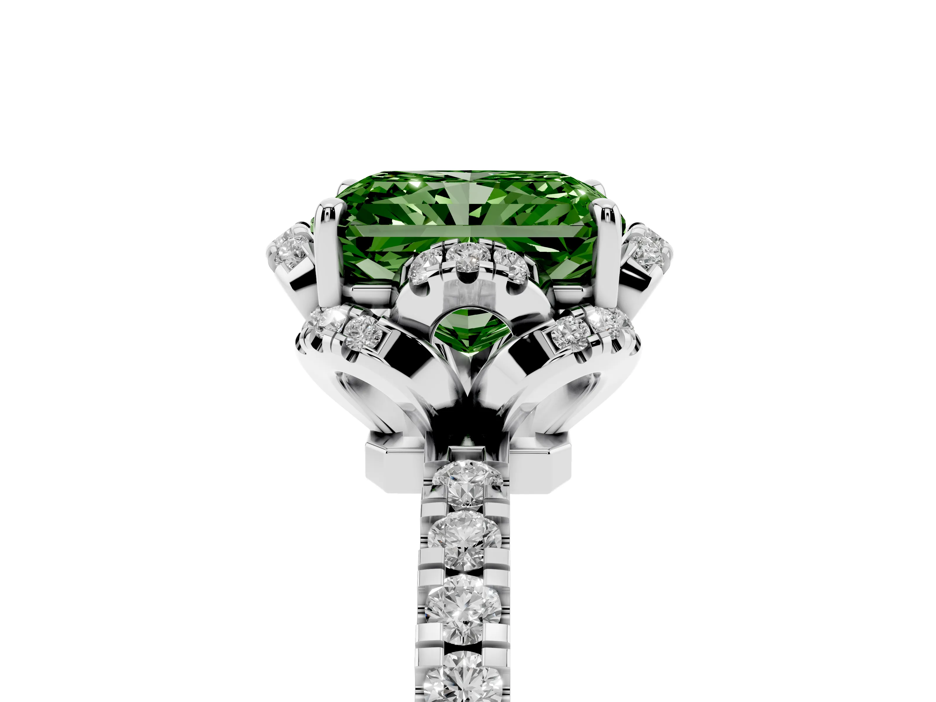 Fancy Green Radiant Cut Diamond Halo Pavé Band Ring Set in White gold with Prong-Held Center
