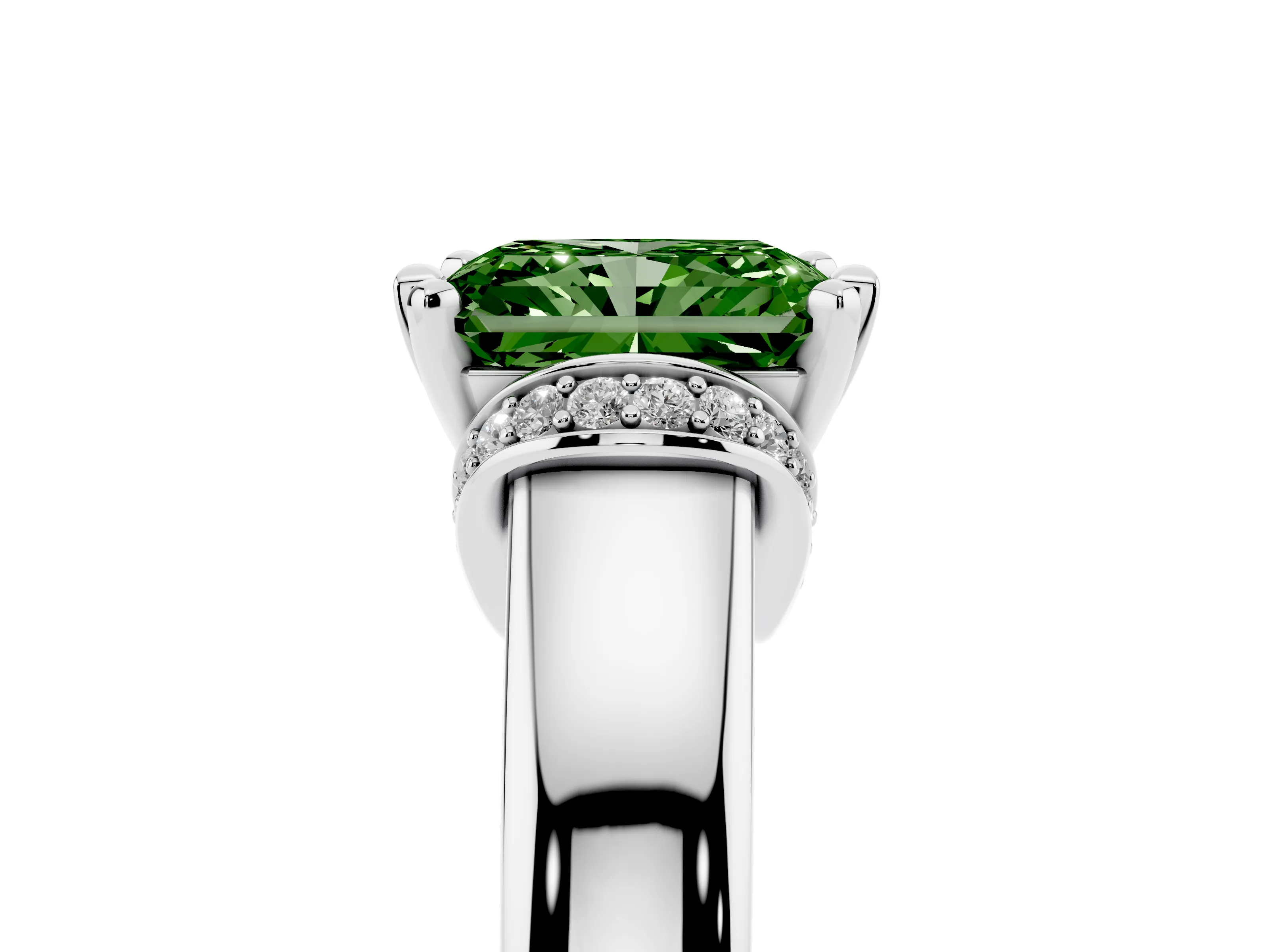 Fancy Green Radiant Cut Diamond Pavé Band Solitaire Ring Set in Platinum with Prong Setting