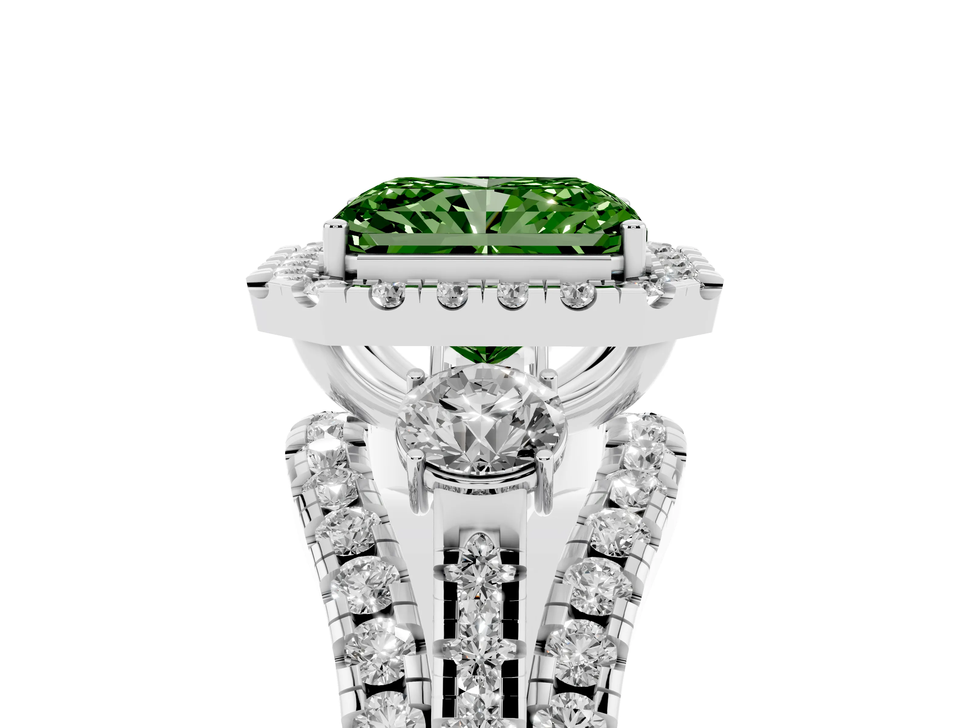 Fancy Green Radiant Cut Diamond Halo Split Shank Ring Set in White gold with Round Accent Stones and Prong Setting