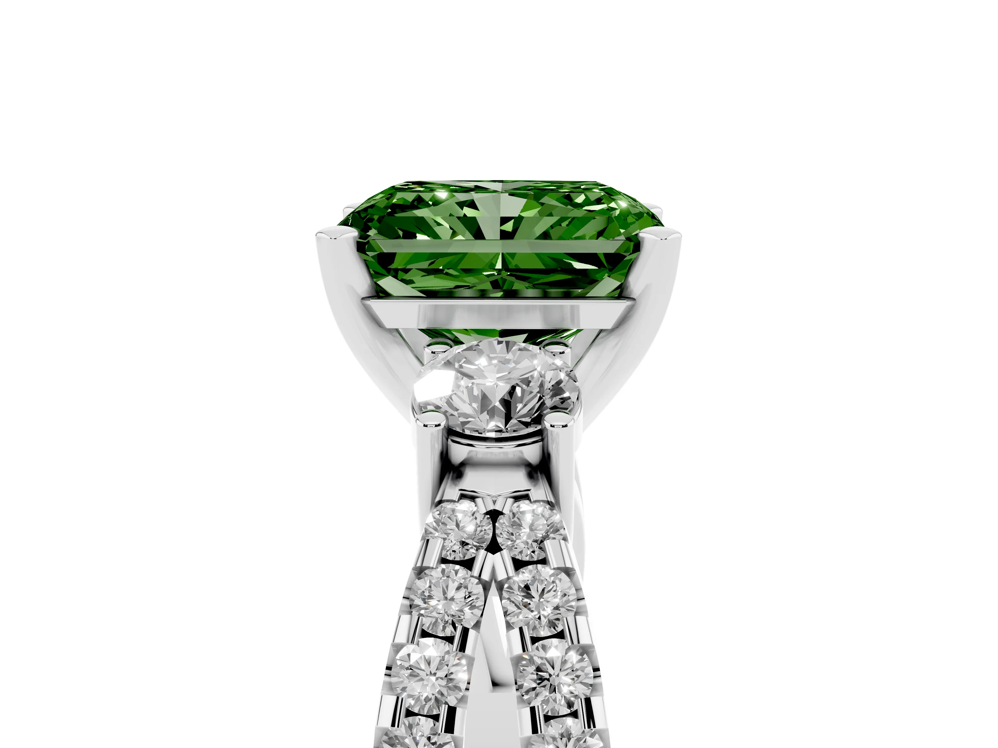 Fancy Green Radiant Cut Diamond Three-Stone Ring Set in Silver with Pavé Split Shank and Prong Setting