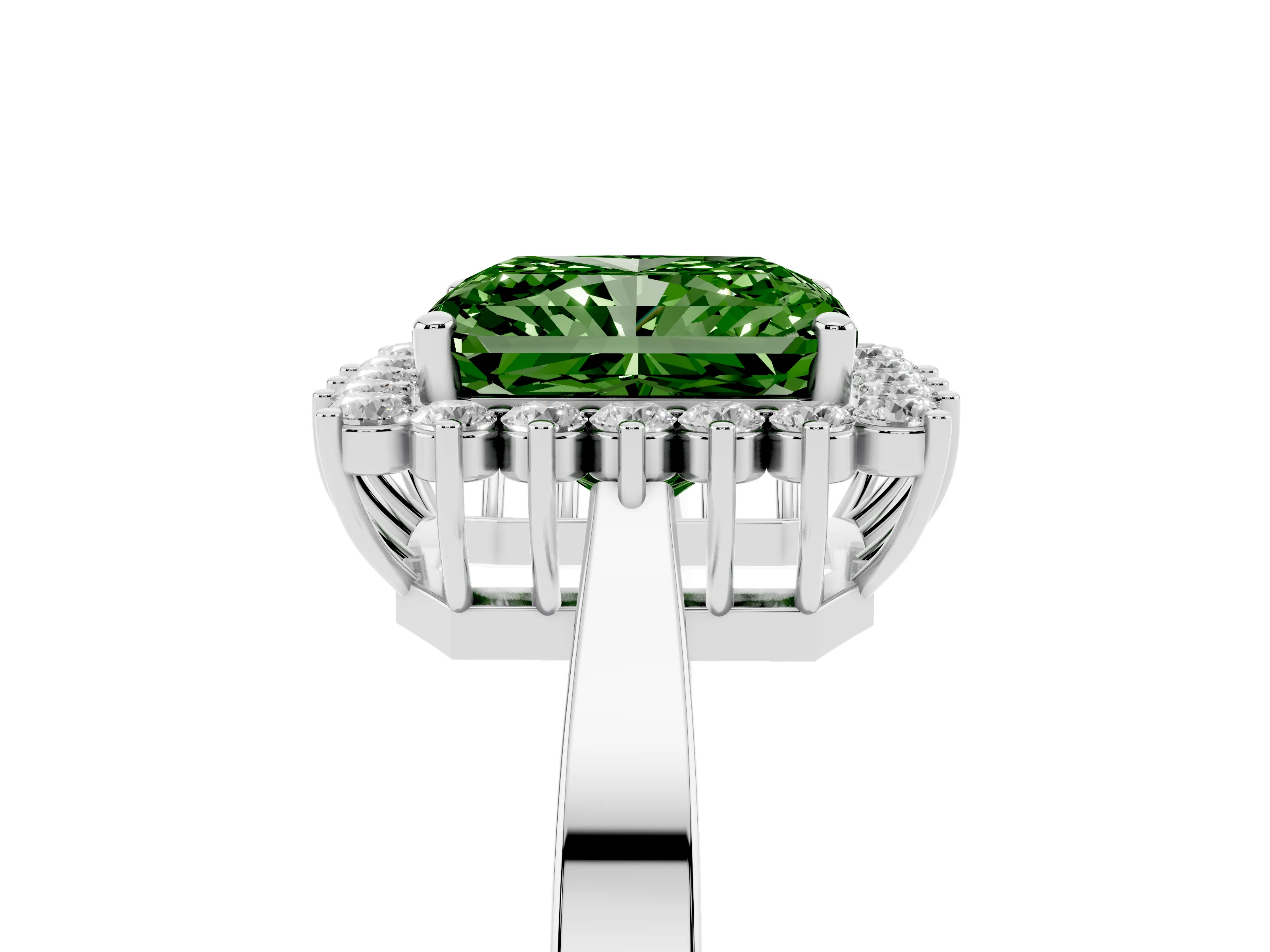 Fancy Green Radiant Cut Diamond Halo Ring Set in White gold with Round Halo and Smooth Solitaire Band