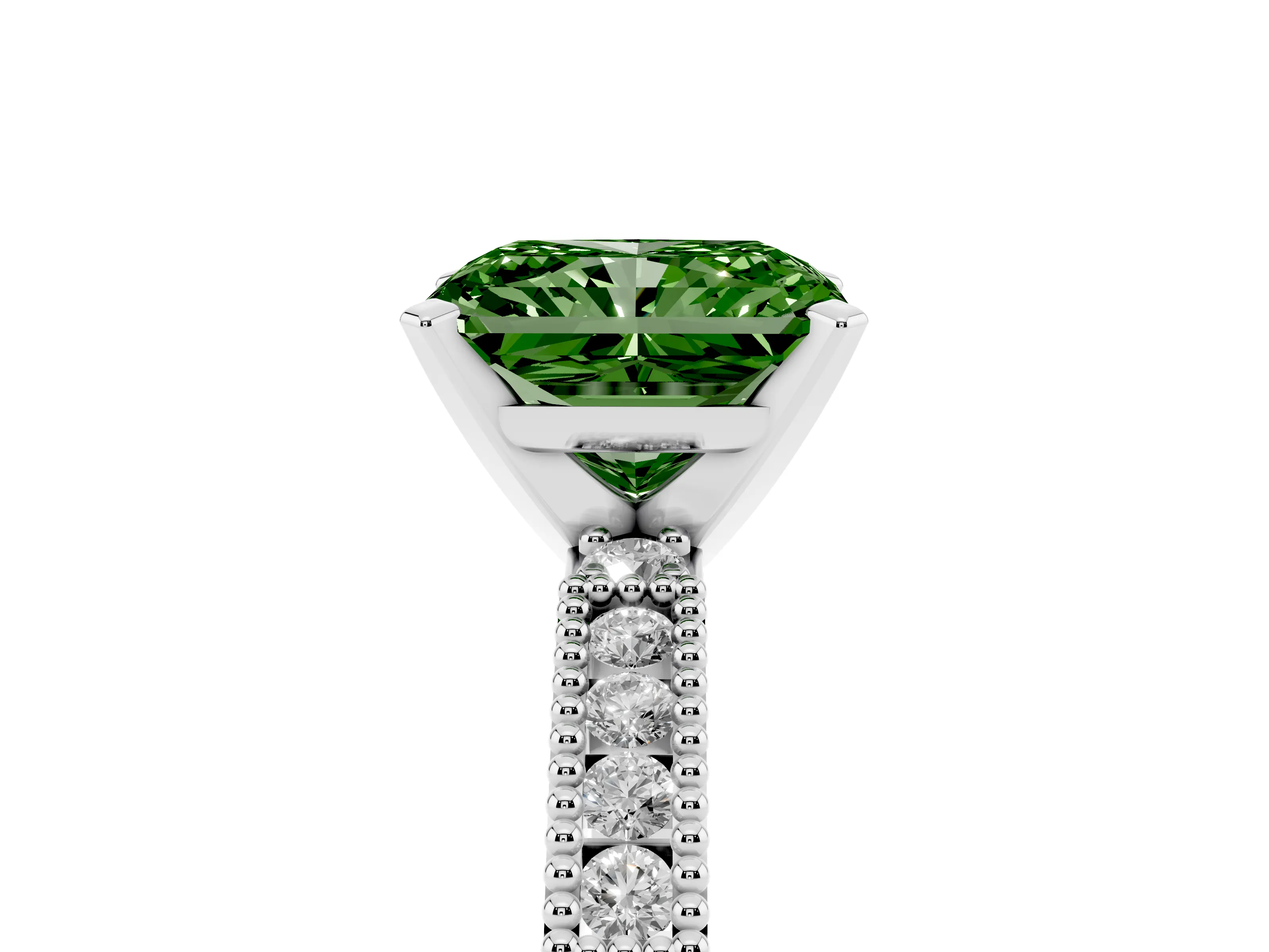 Fancy Green Radiant Cut Diamond Solitaire Ring Set in White gold with Slim Pavé Band and Prong Setting