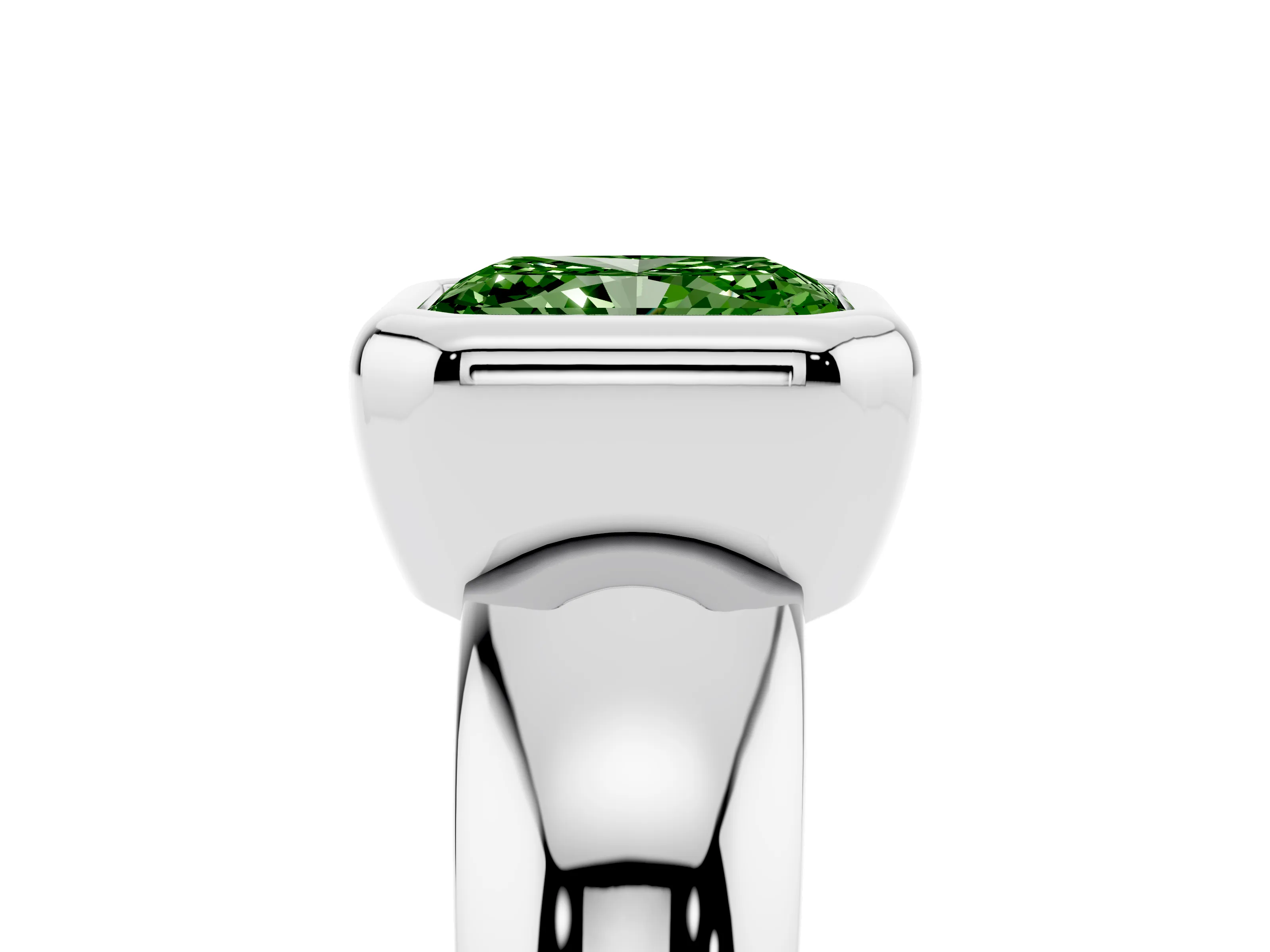 Fancy Green Bezel Set Radiant Cut Diamond Solitaire Ring Set in Silver with Wide Band