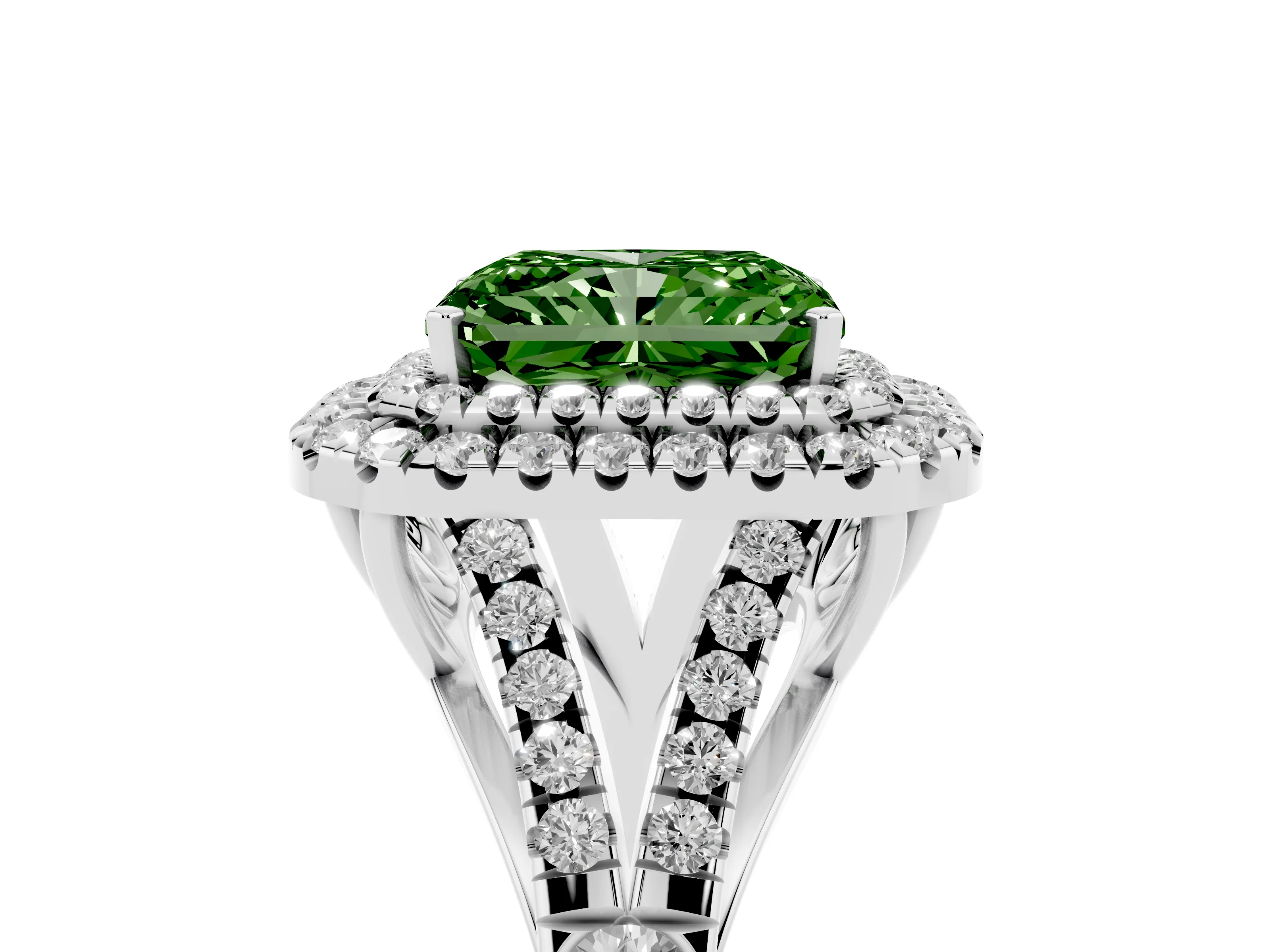 Fancy Green Radiant Cut Diamond Pavé Split Shank Double Halo Engagement Ring Set in Platinum