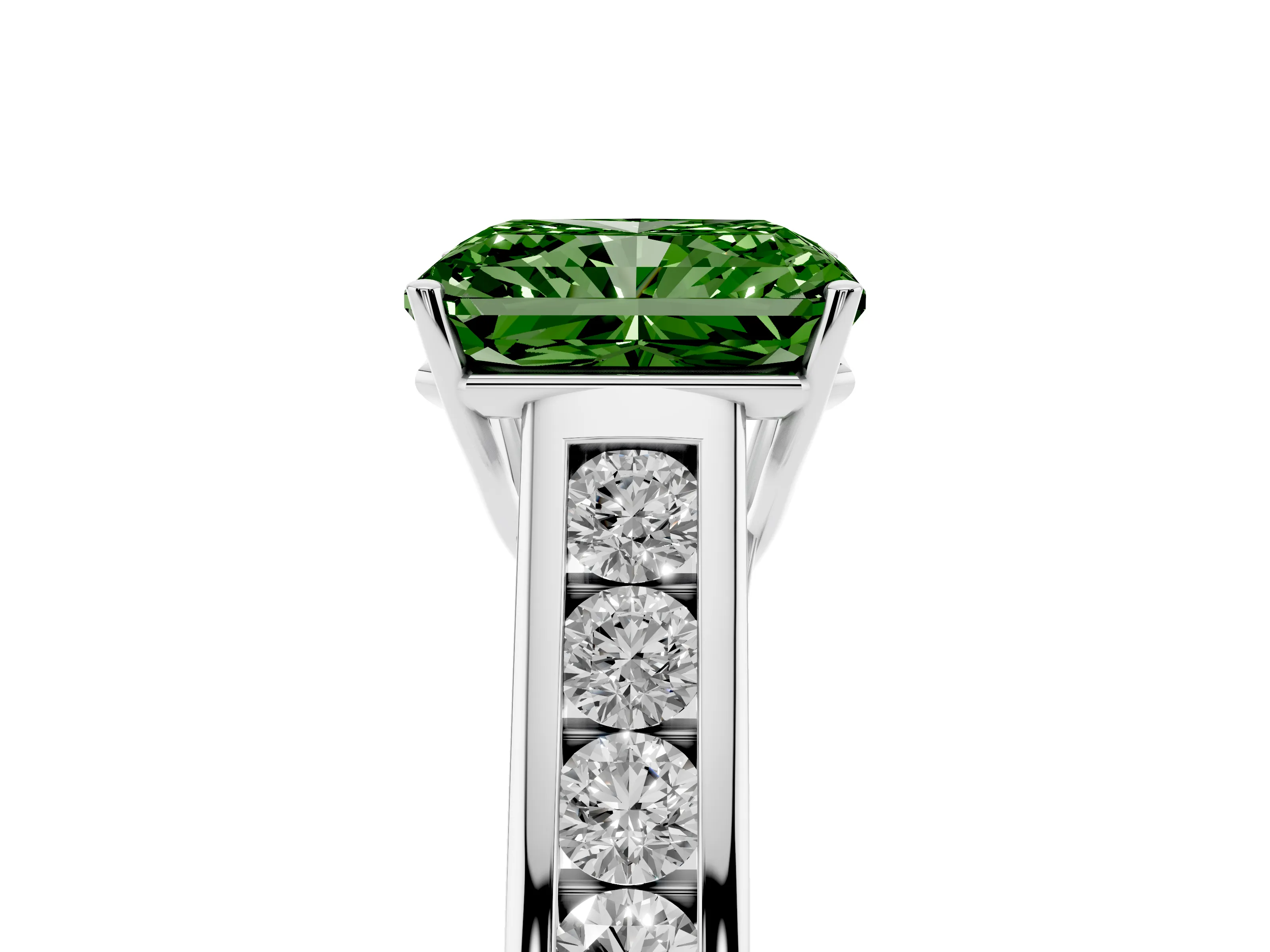 Fancy Green Radiant Cut Diamond Brilliant Channel-Set Solitaire Ring Set in White gold with Prong Setting