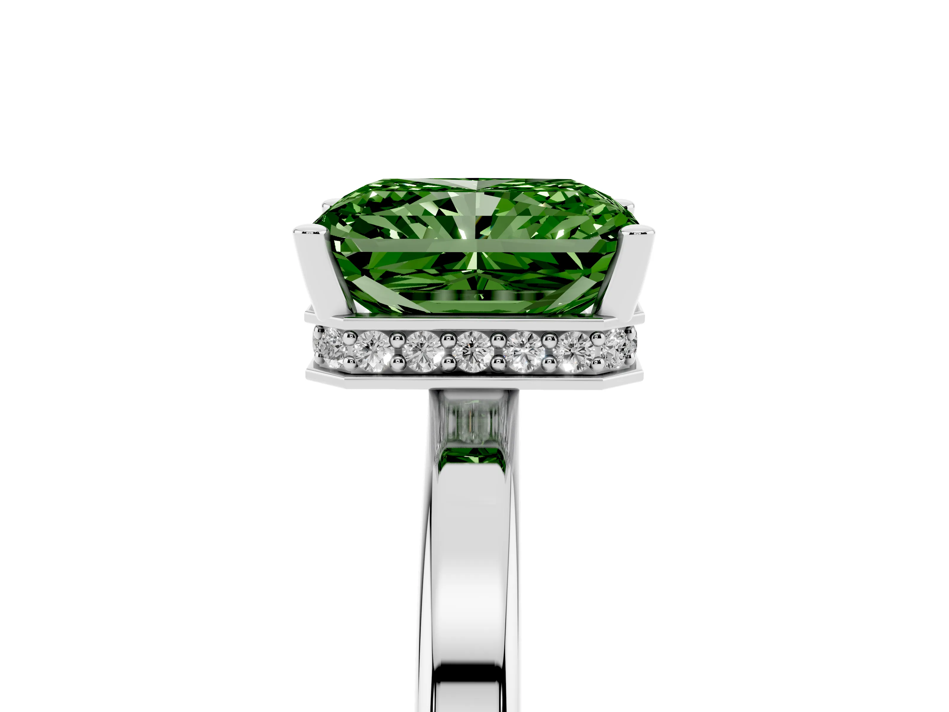 Fancy Green Radiant Cut Diamond Solitaire Engagement Ring Set in Silver with Prong Setting on a Plain Band