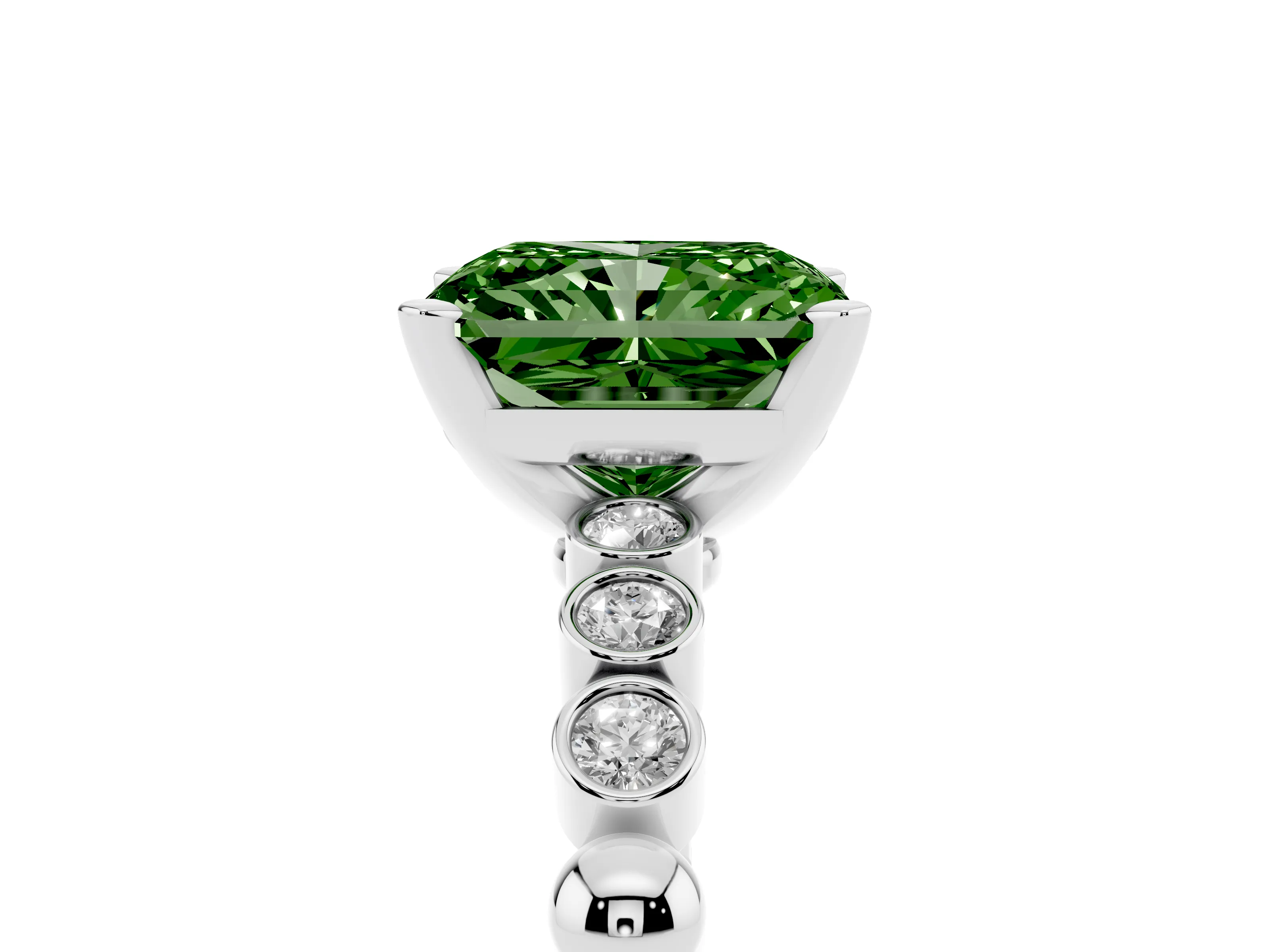 Fancy Green Radiant Cut Diamond Solitaire Engagement Ring Set in Silver with Bezel Accents on Beaded Band