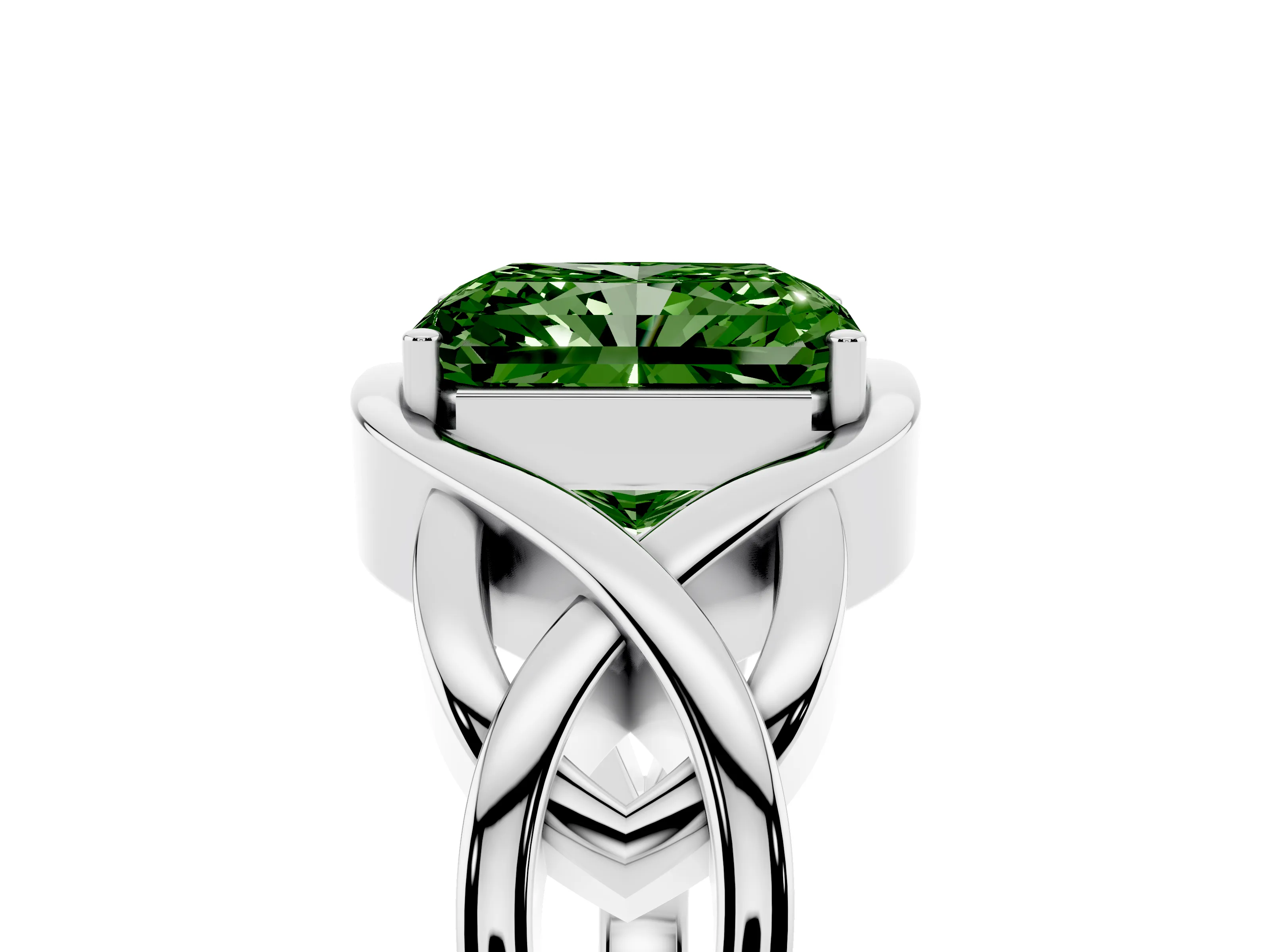 Fancy Green Radiant Cut Diamond Solitaire Ring Set in Silver with Intertwined Band