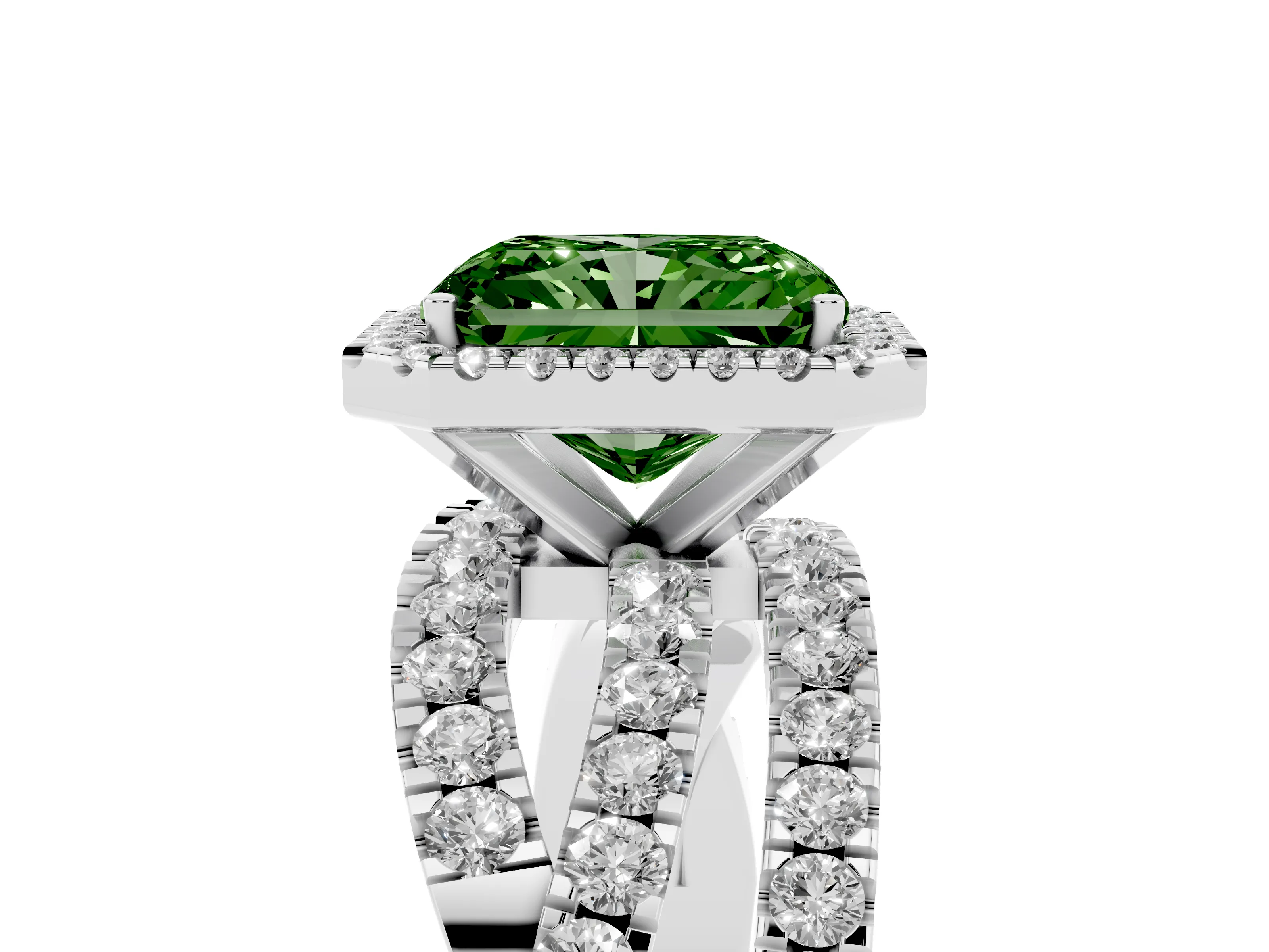 Fancy Green Radiant Cut Diamond Halo Ring Set in Platinum with Round Crossover Split Shank and Prong Setting