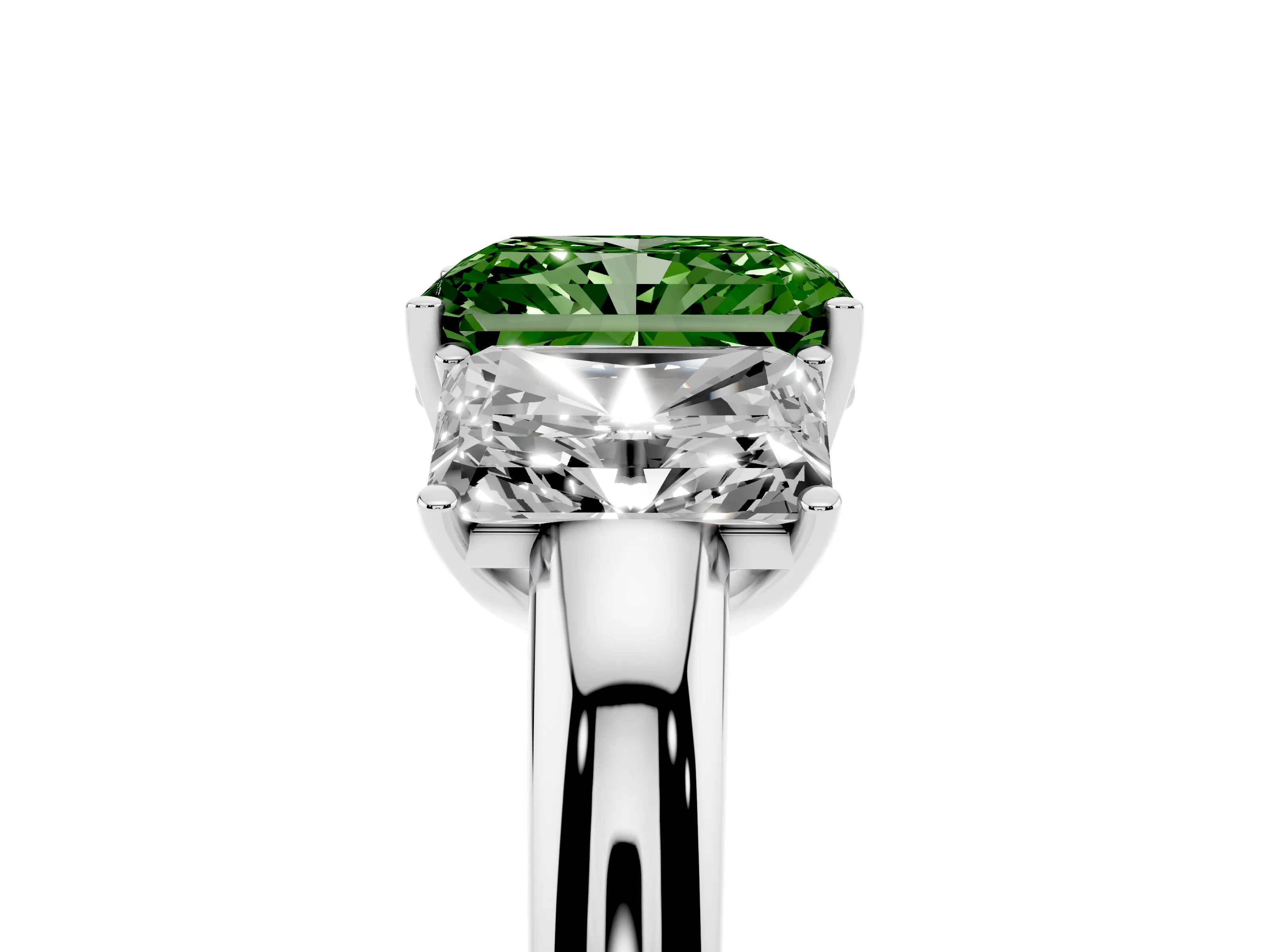 Fancy Green Radiant Cut Diamond Three-Stone Ring Set in Silver with Bold Center and Classic Band