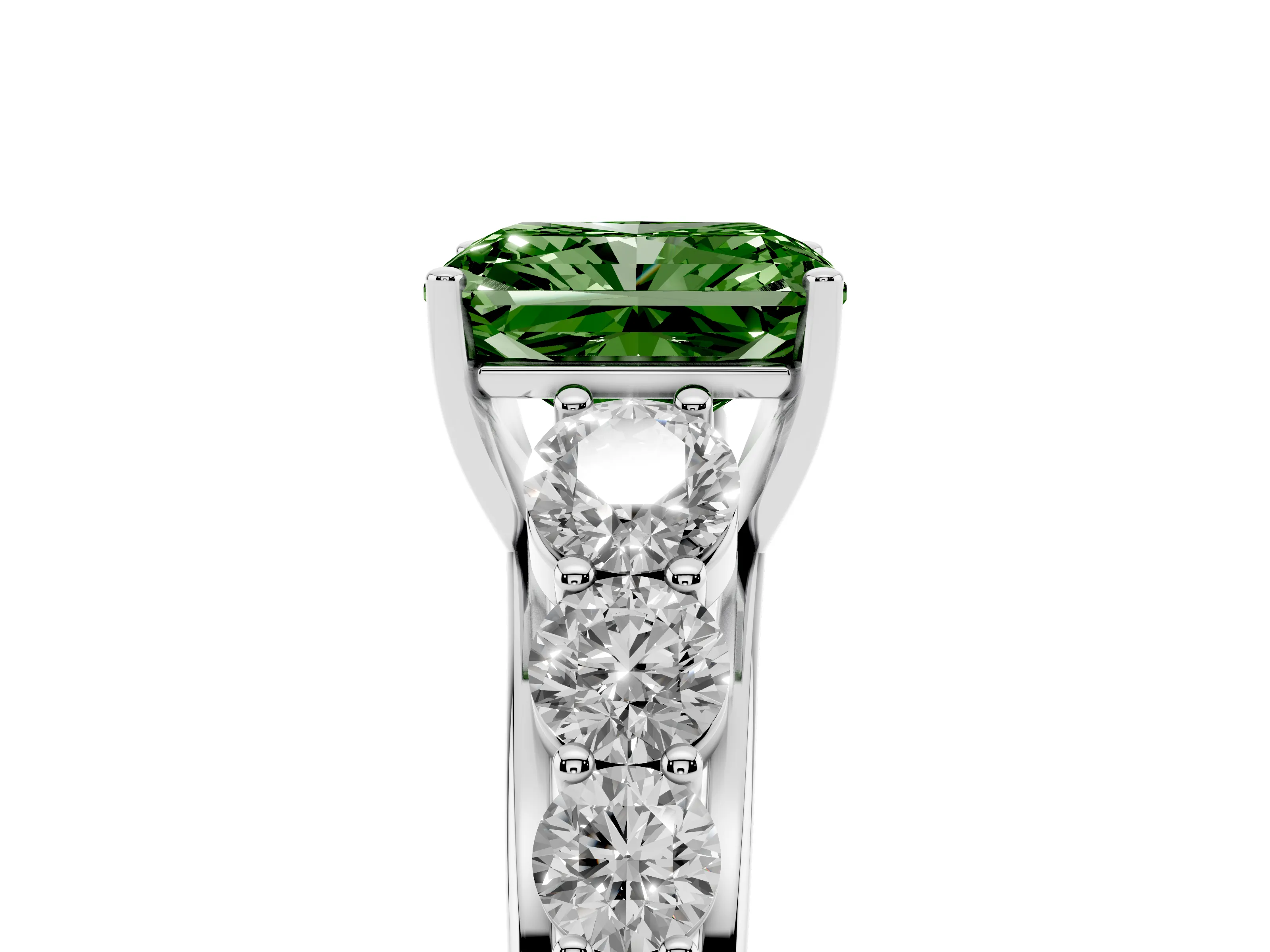 Fancy Green Radiant Cut Diamond Solitaire Ring Set in Platinum with Pavé-Set Band and Prong Setting
