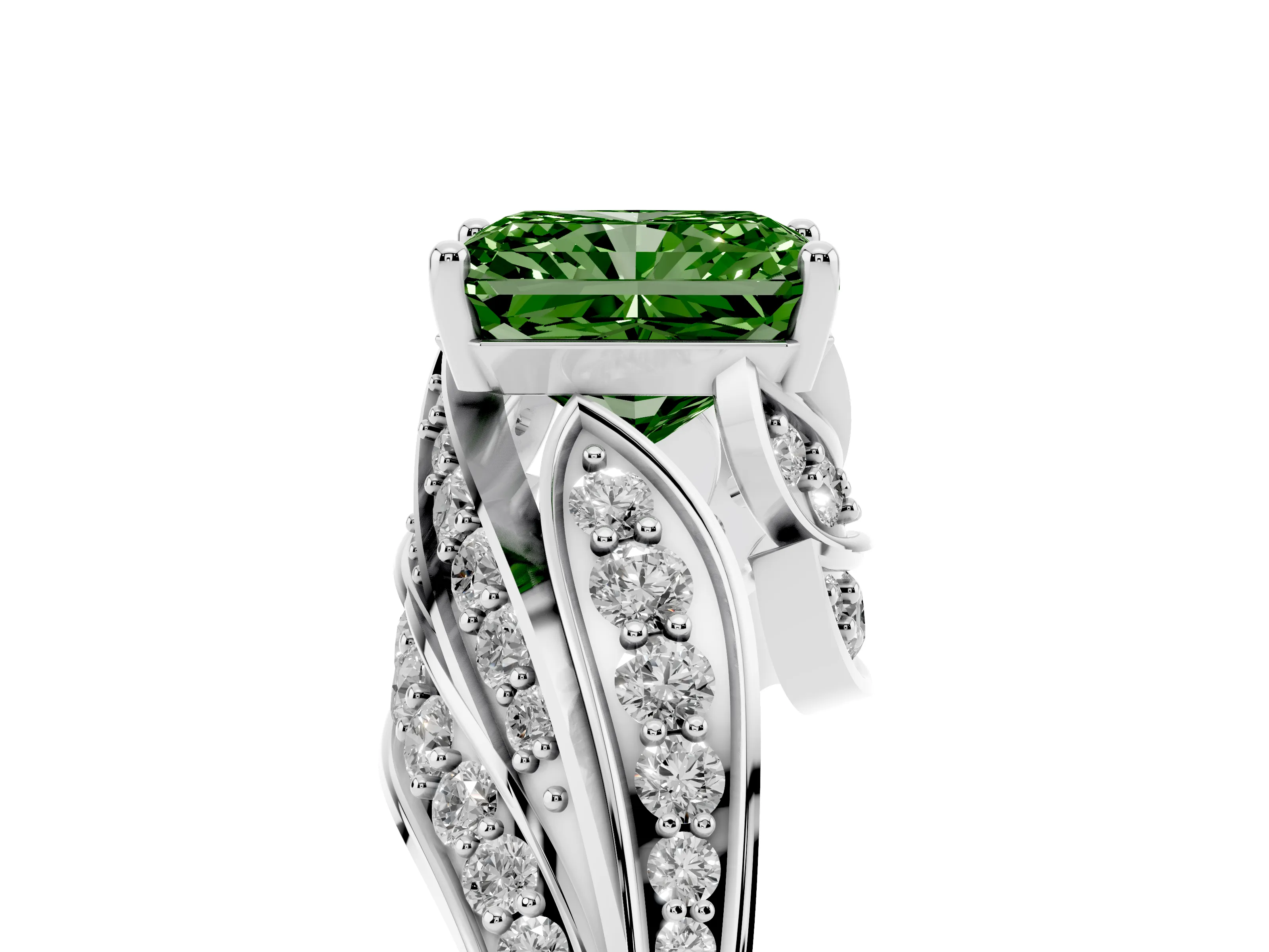 Fancy Green Radiant Cut Diamond Solitaire Ring Set in Platinum with Layered Twist Pavé Band