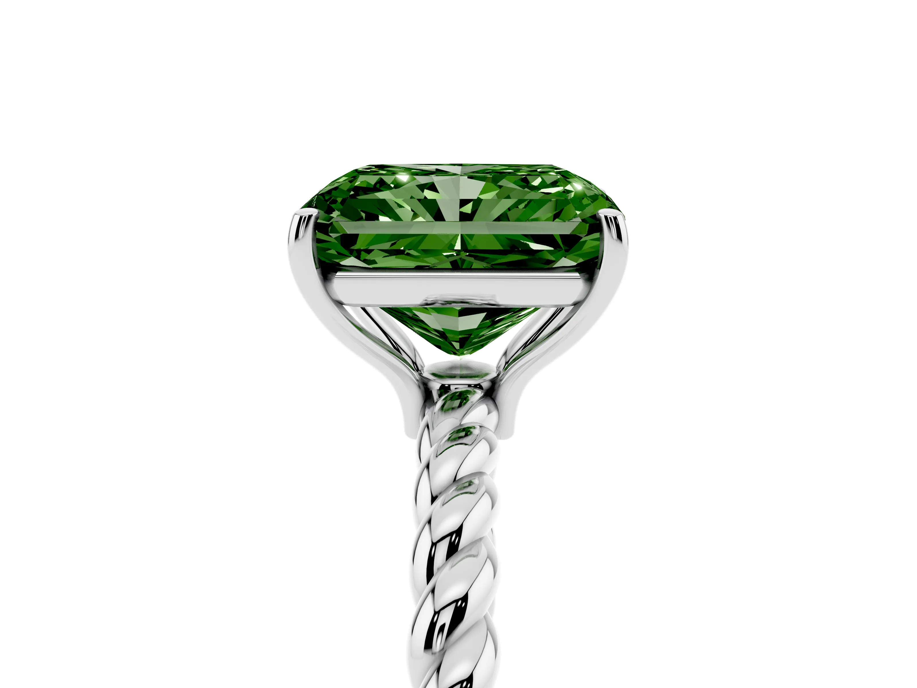 Fancy Green Radiant Cut Diamond Solitaire Ring Set in White gold with Twist Band and Prong Setting