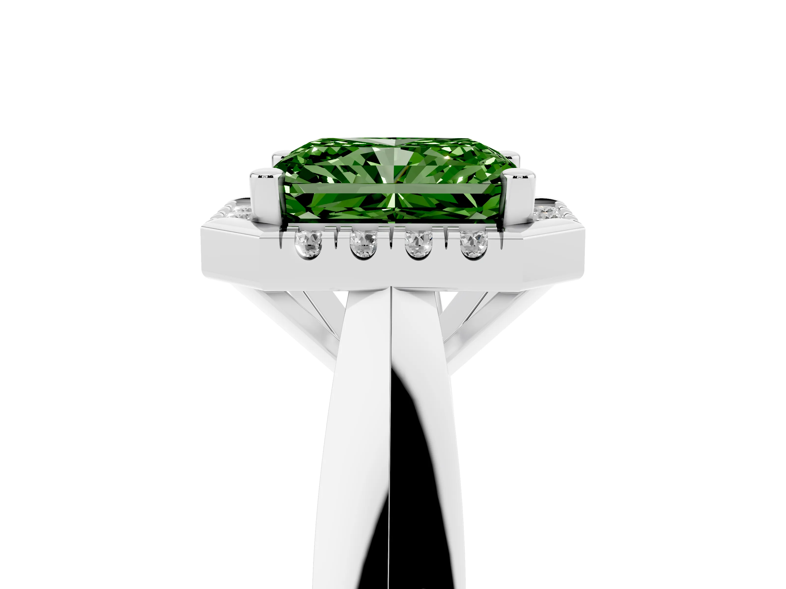 Fancy Green Radiant Cut Diamond Halo Solitaire Engagement Ring Set in White gold with Square Band and Prong Setting