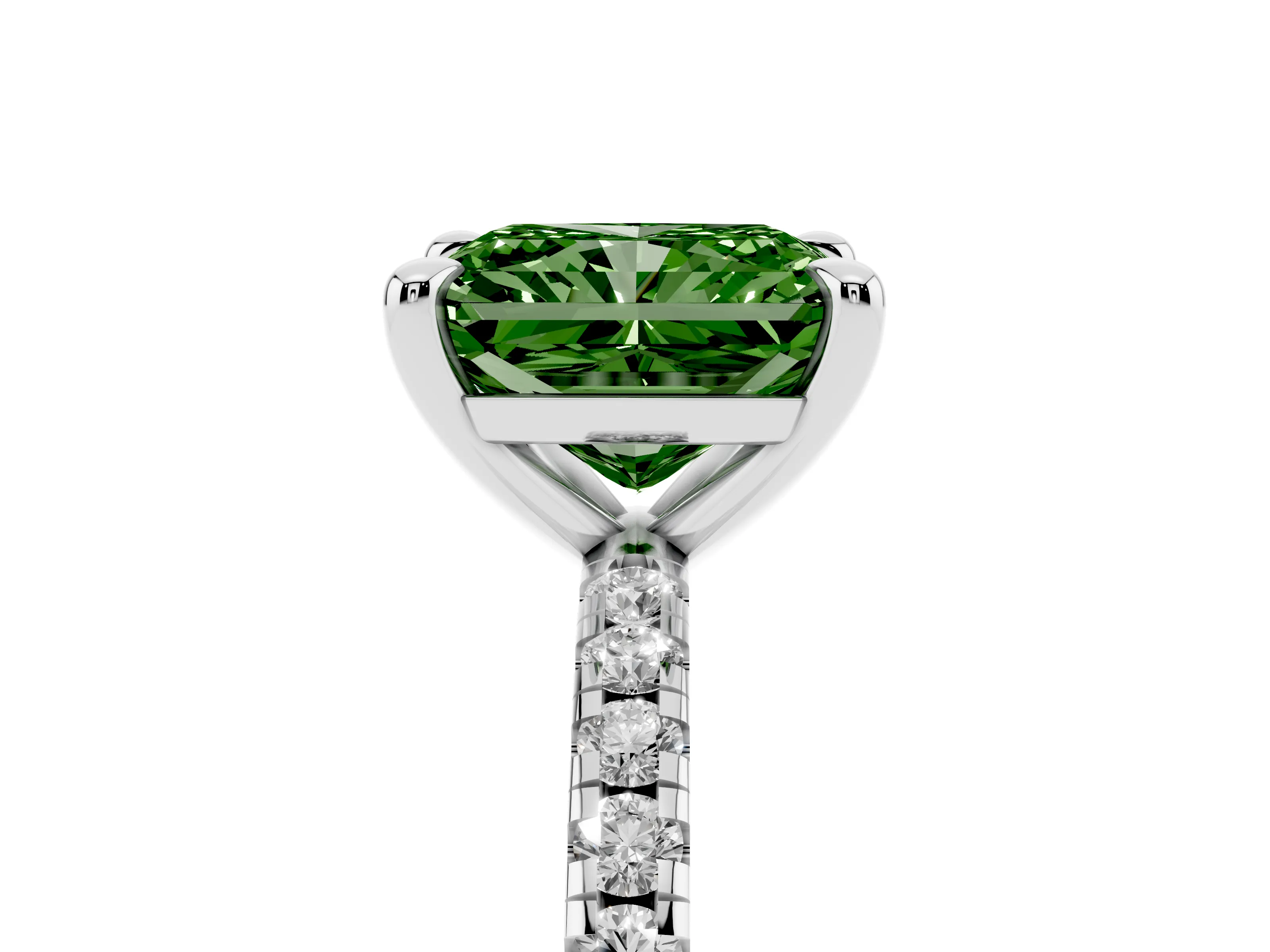 Fancy Green Radiant Cut Diamond Brilliant Solitaire Ring Set in Platinum with Pavé Band and Prong Setting