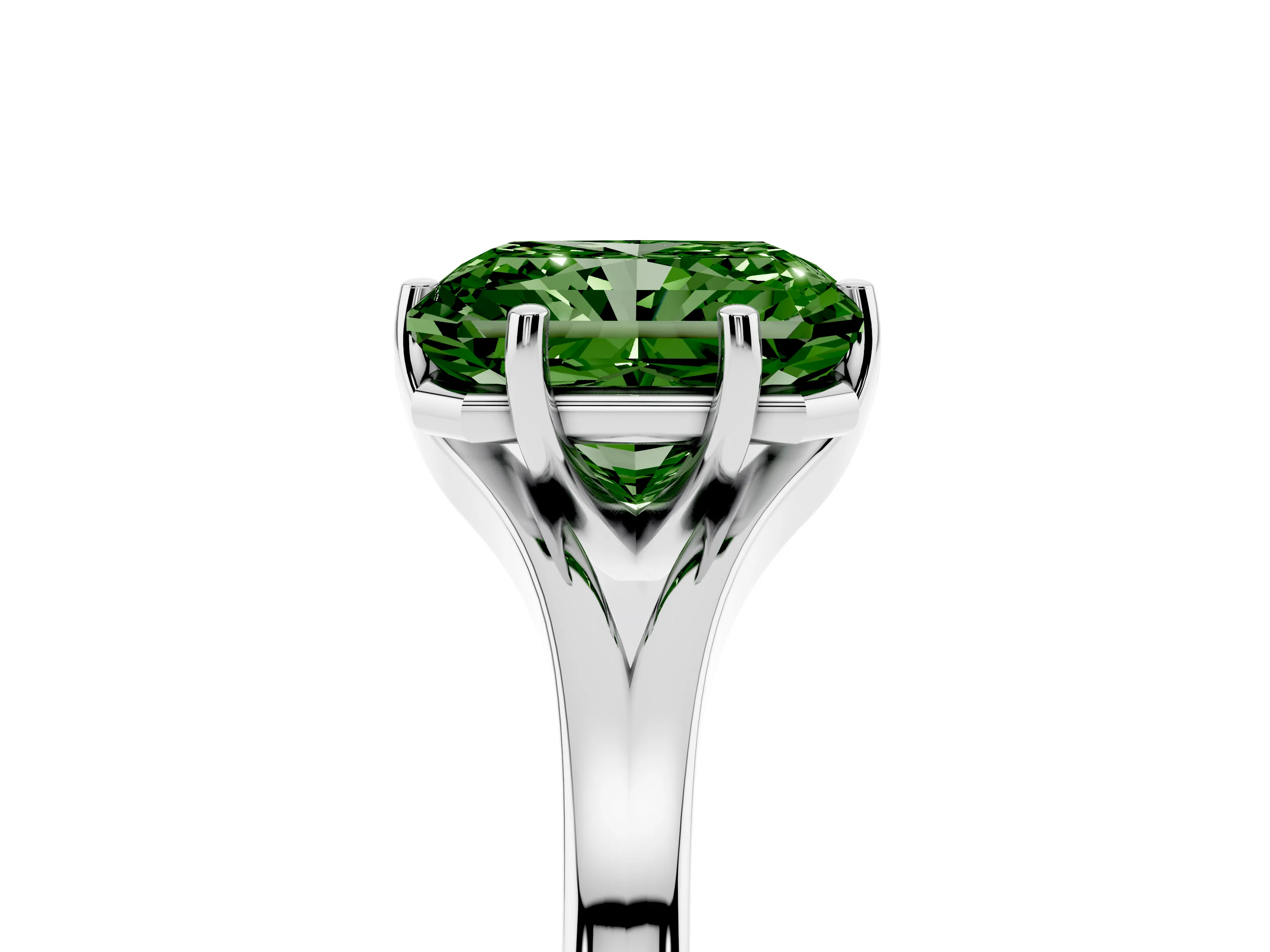 Fancy Green Radiant Cut Diamond Solitaire Ring Set in White gold with Polished Tapered Band and Prong Setting