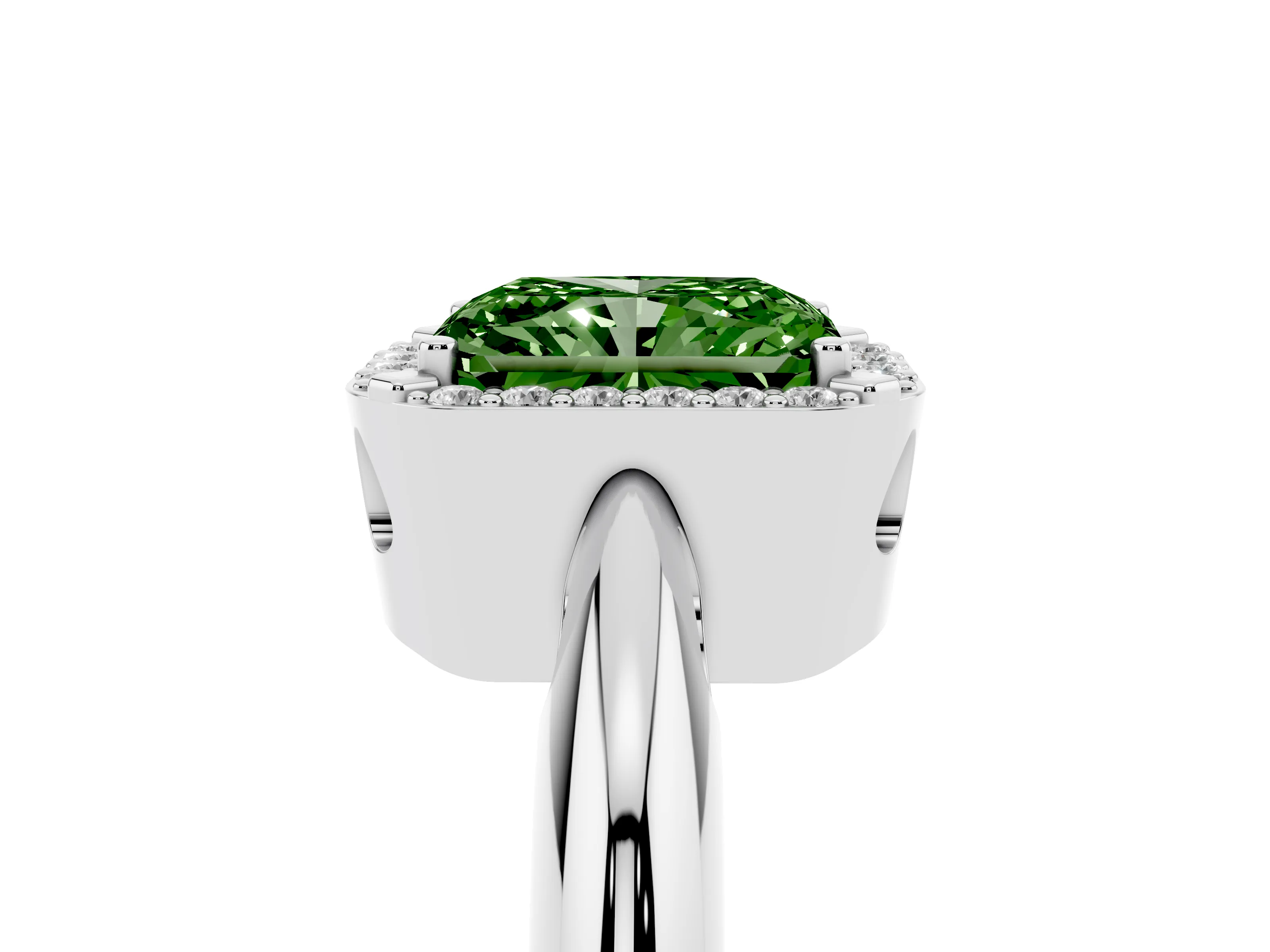 Fancy Green Radiant Cut Diamond Halo Engagement Ring Set in Platinum with Plain Split Shank and Prong Setting