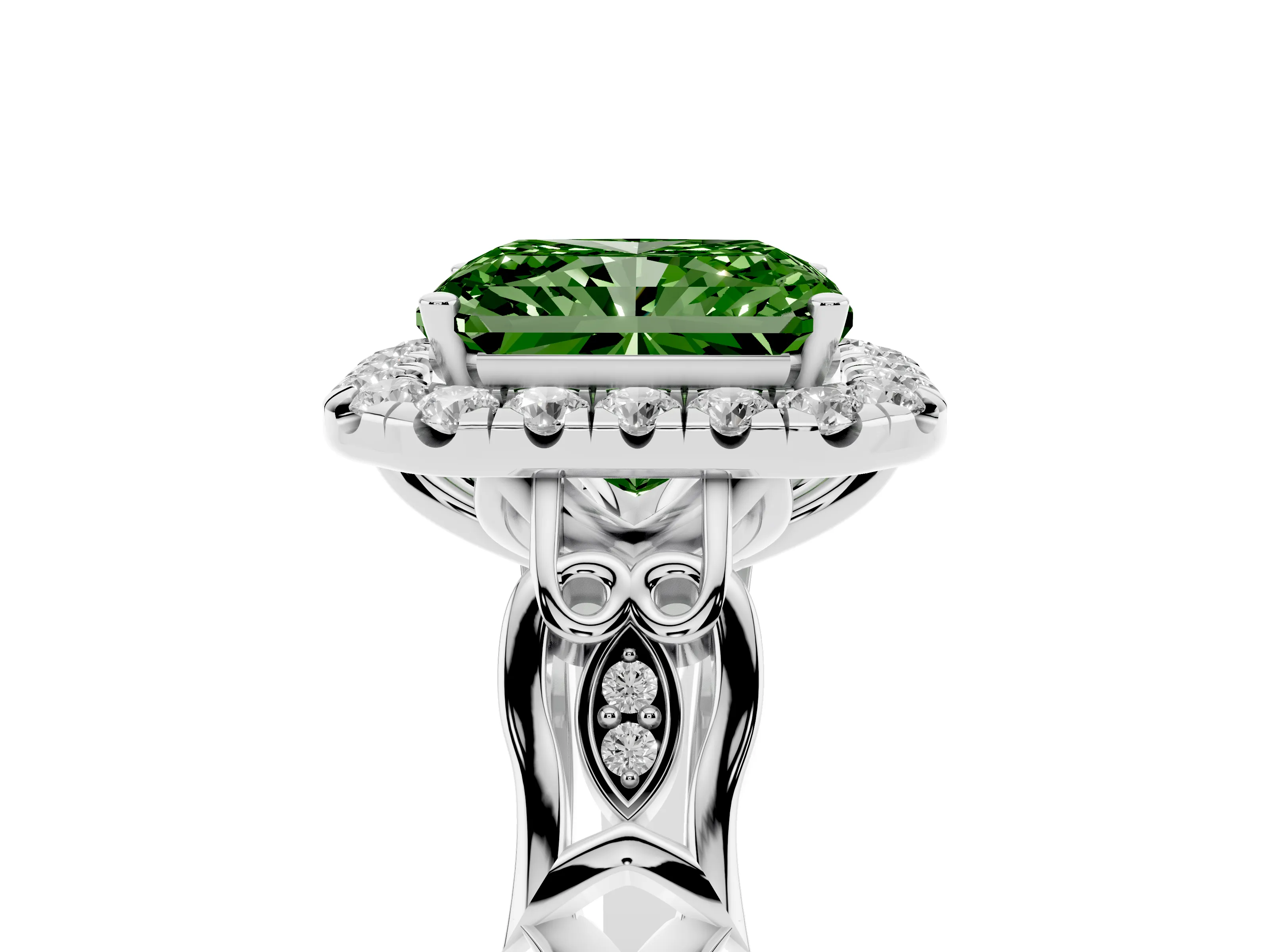 Fancy Green Radiant Cut Diamond Halo Engagement Ring Set in White gold with Filigree Band and Prong-Set Center
