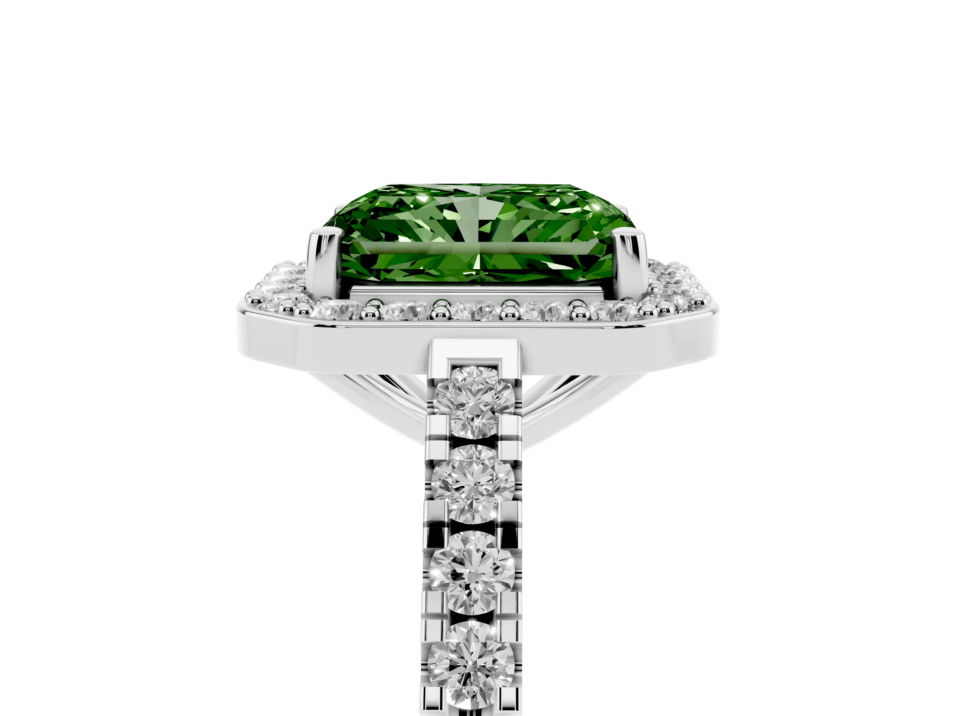 Fancy Green Radiant Cut Diamond Halo Ring Set in White gold with Round Pavé Split Shank and Prong Setting