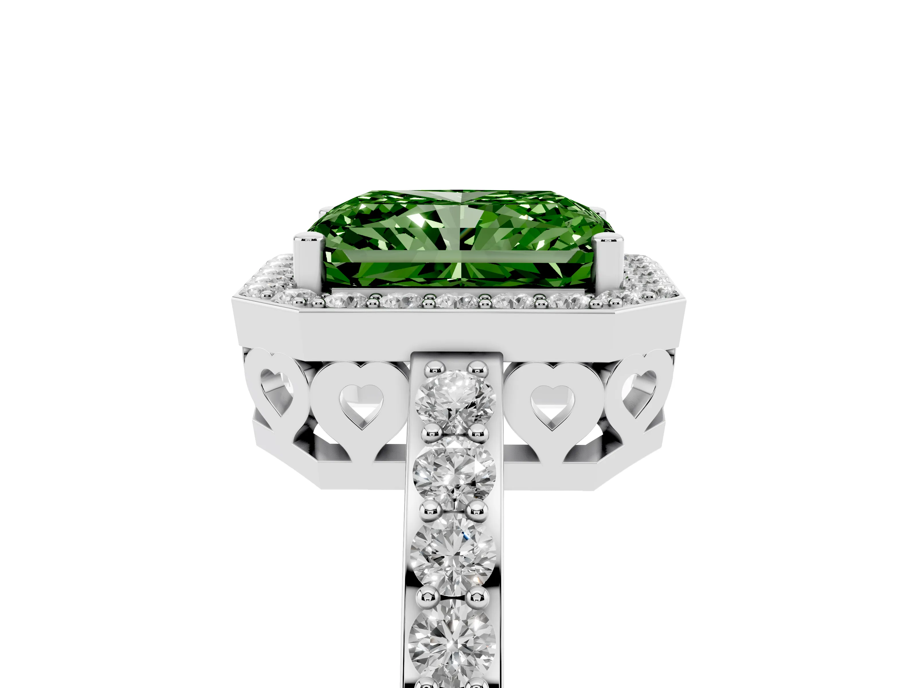 Fancy Green Radiant Cut Diamond Halo Ring Set in Silver with Pavé-Setting Band and Open Prong Center