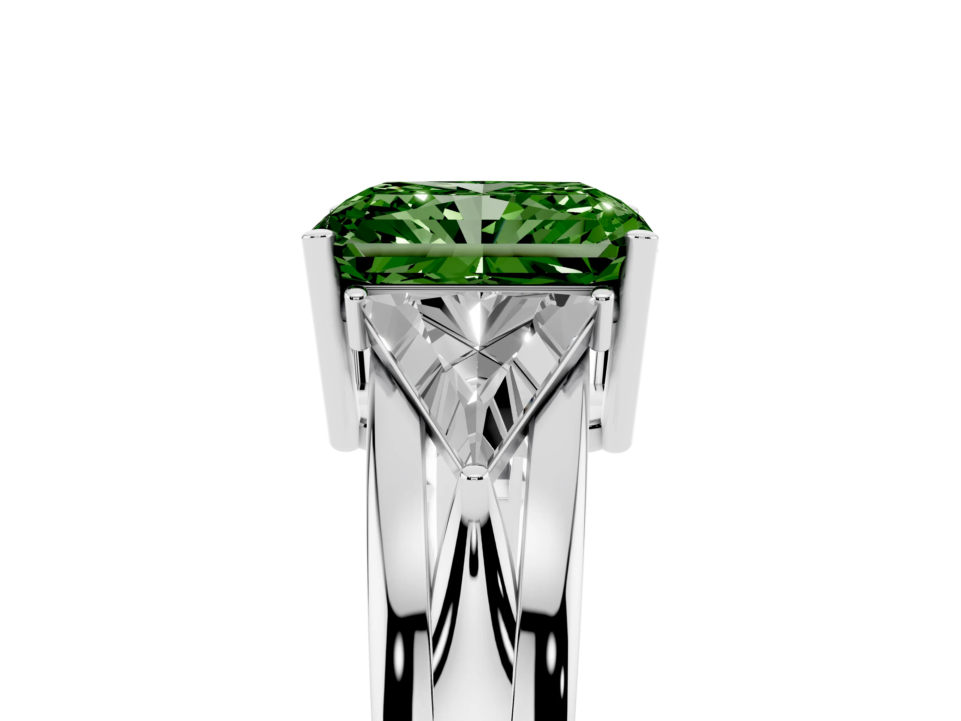 Fancy Green Radiant Cut Diamond Three-Stone Ring Set in Silver with Trillion Side Stones and Split Shank
