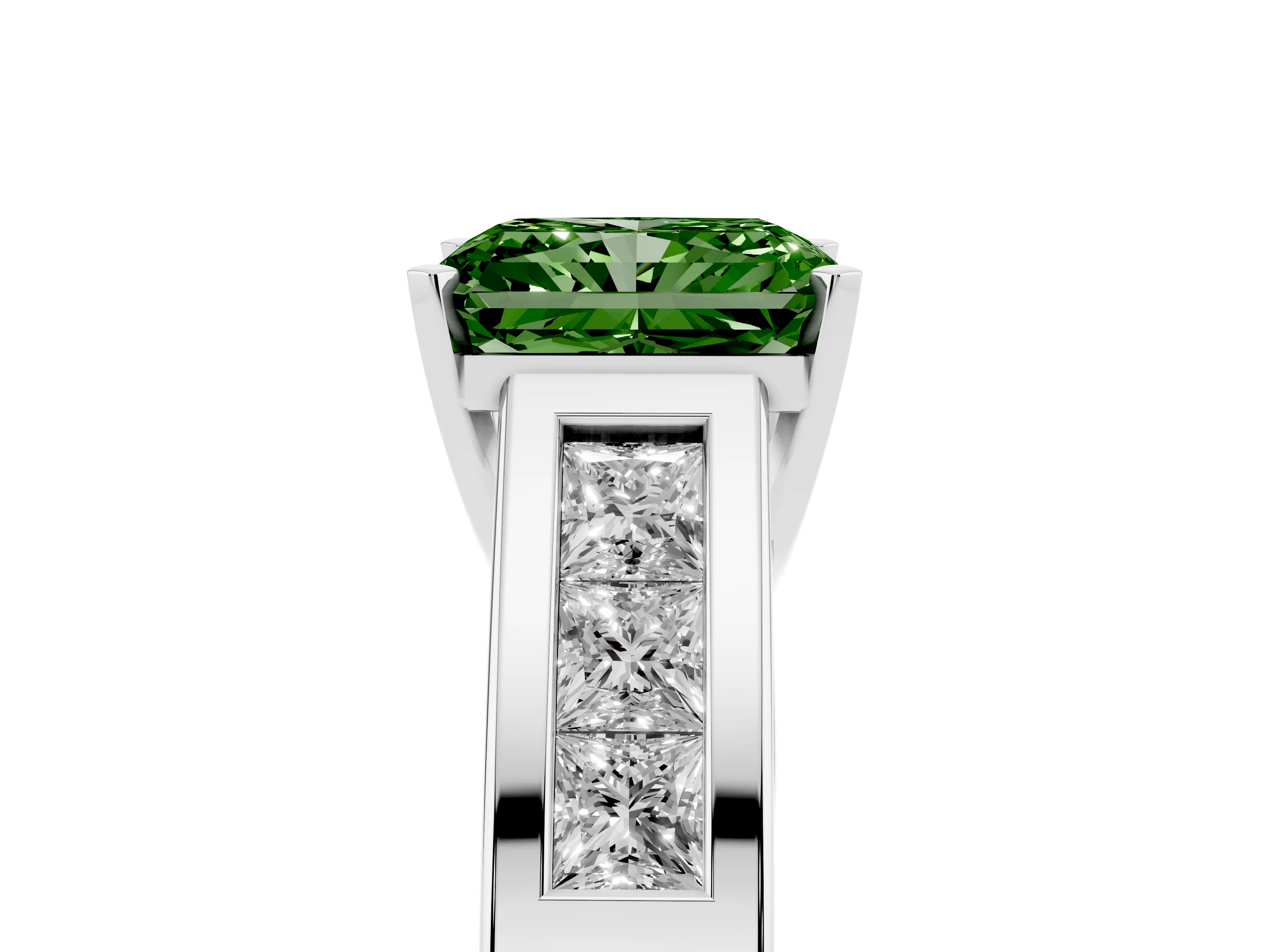 Fancy Green Radiant Cut Diamond Solitaire Ring Set in Silver with Channel-Set Accent Stones and Prong Setting
