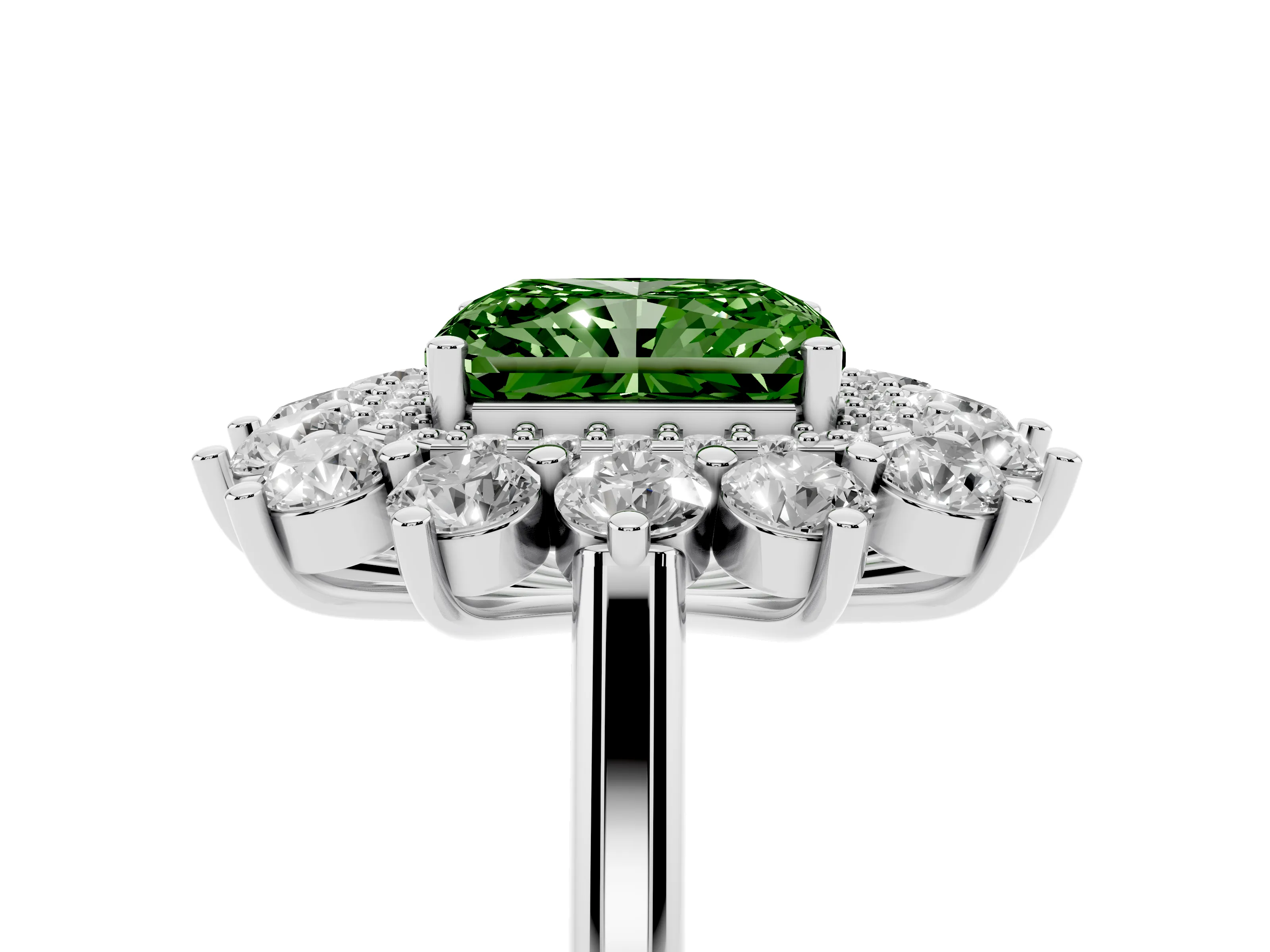 Fancy Green Radiant Cut Diamond Floral Double Halo Ring Set in Silver with Round Petals
