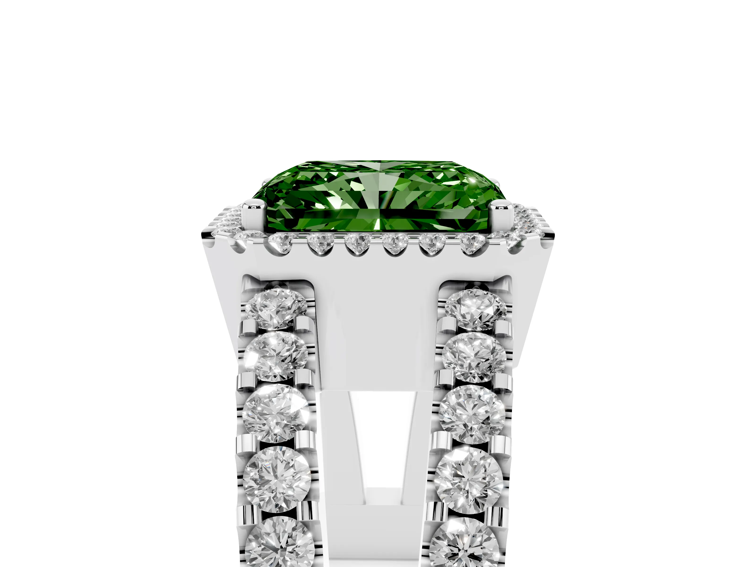 Fancy Green Radiant Cut Diamond Halo Ring Set in Platinum with Pavé Split Shank and Prong Setting