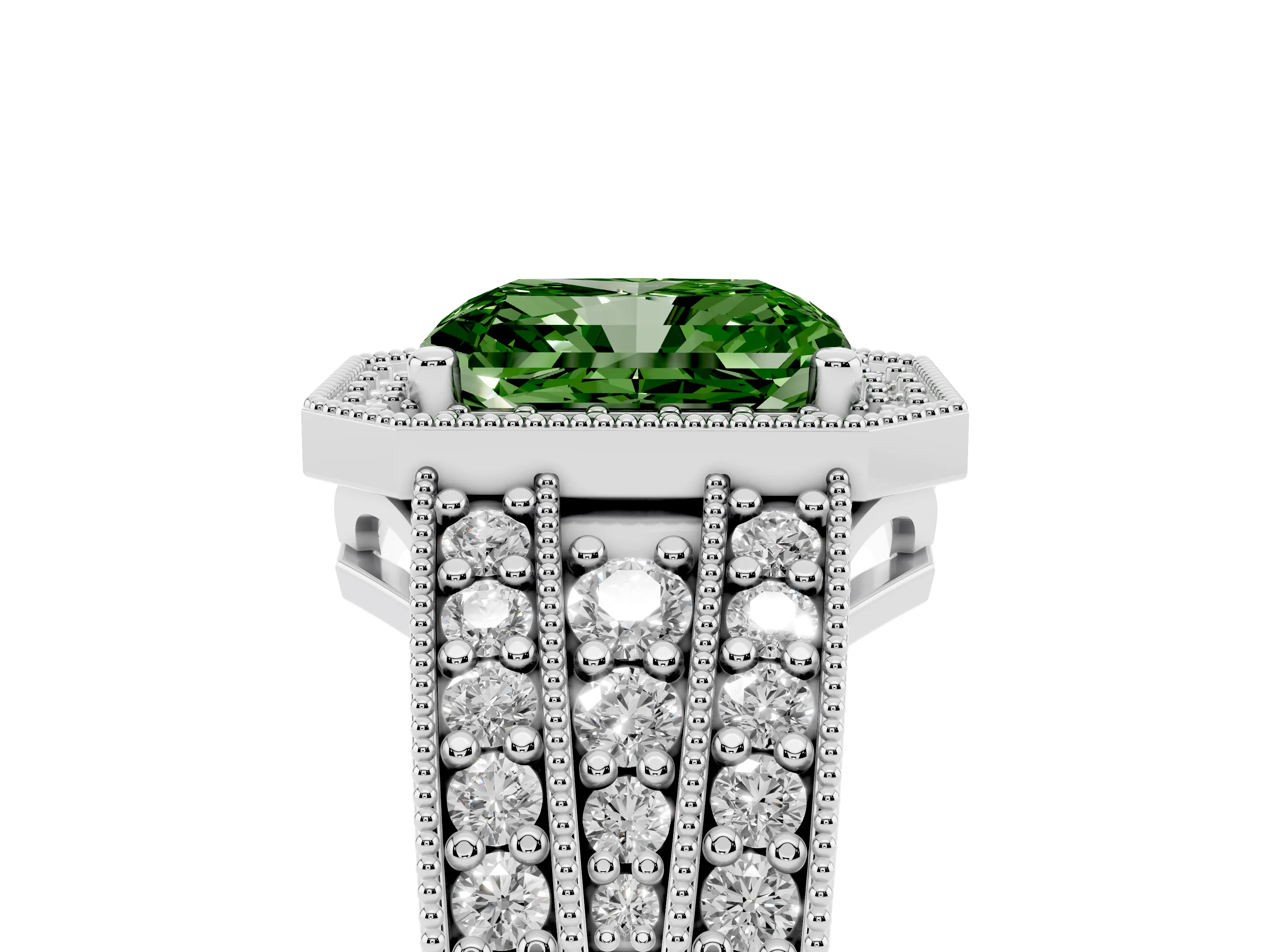 Fancy Green Radiant Cut Diamond Halo Ring Set in Platinum with Accent Split Shank and Prong Setting