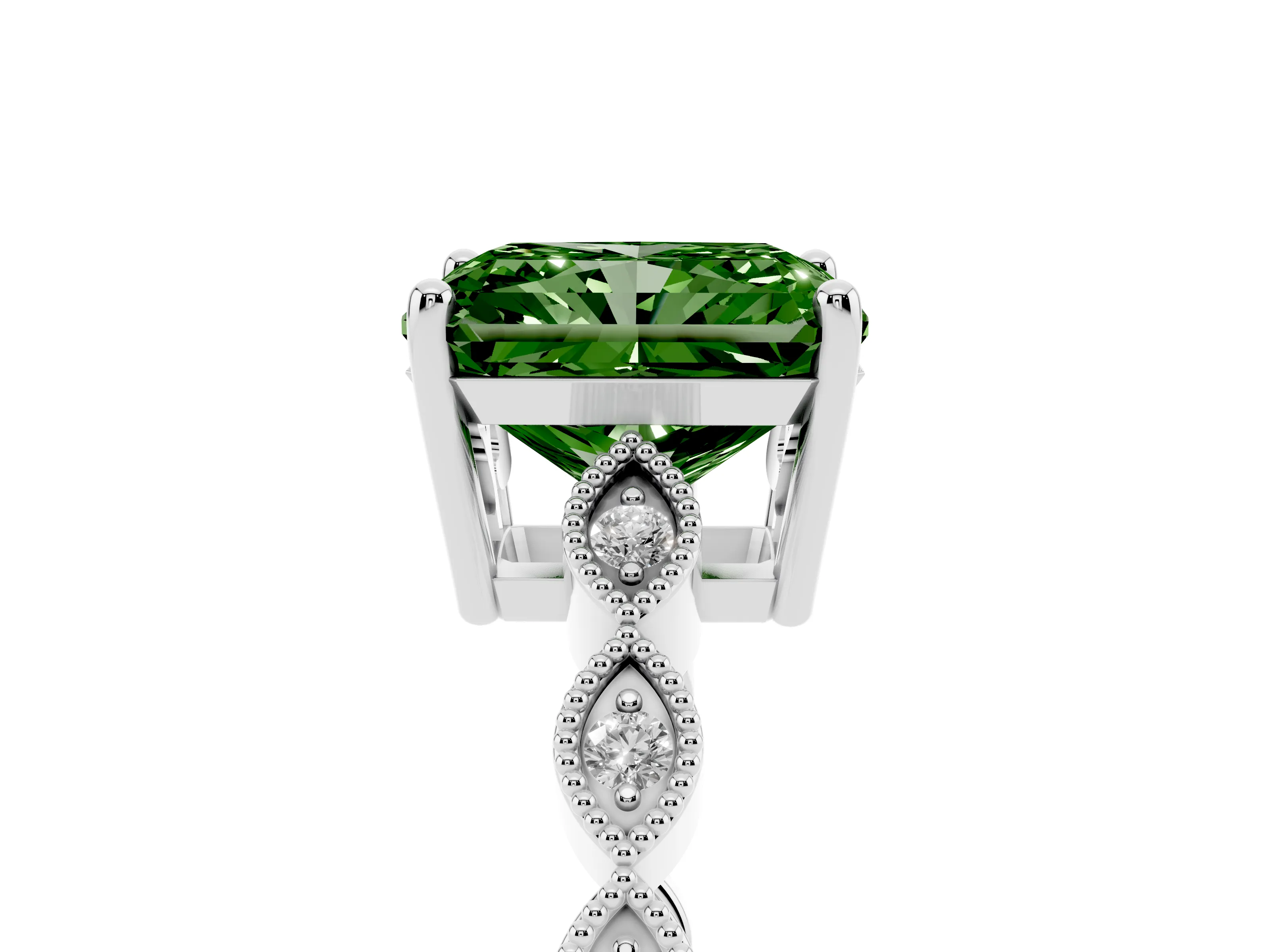 Fancy Green Radiant Cut Diamond Solitaire Ring Set in Platinum with Infinity Twist Pavé Band