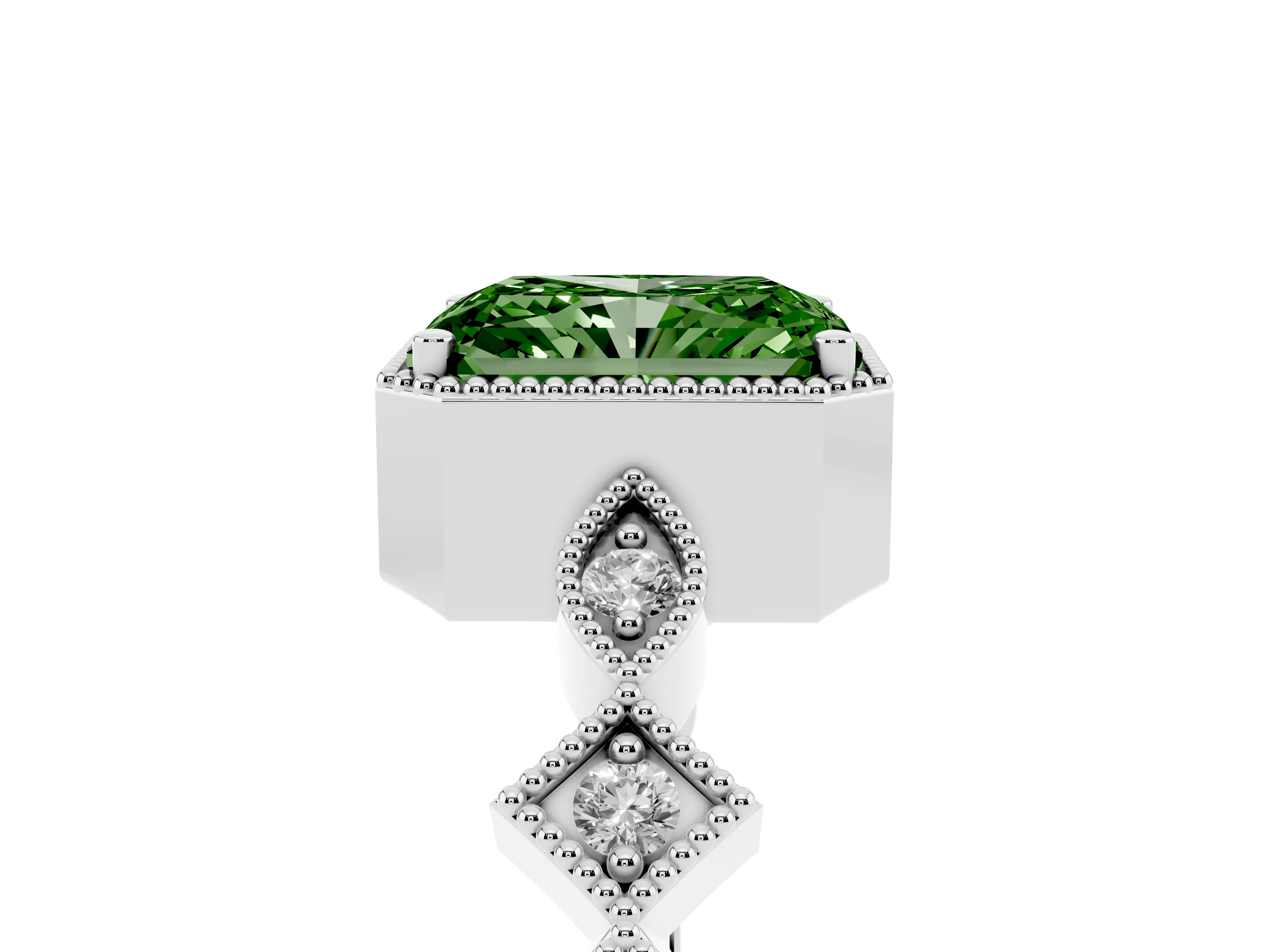 Fancy Green Radiant Cut Diamond Milgrain Marquise Twist Band Ring Set in White gold with Prong Setting