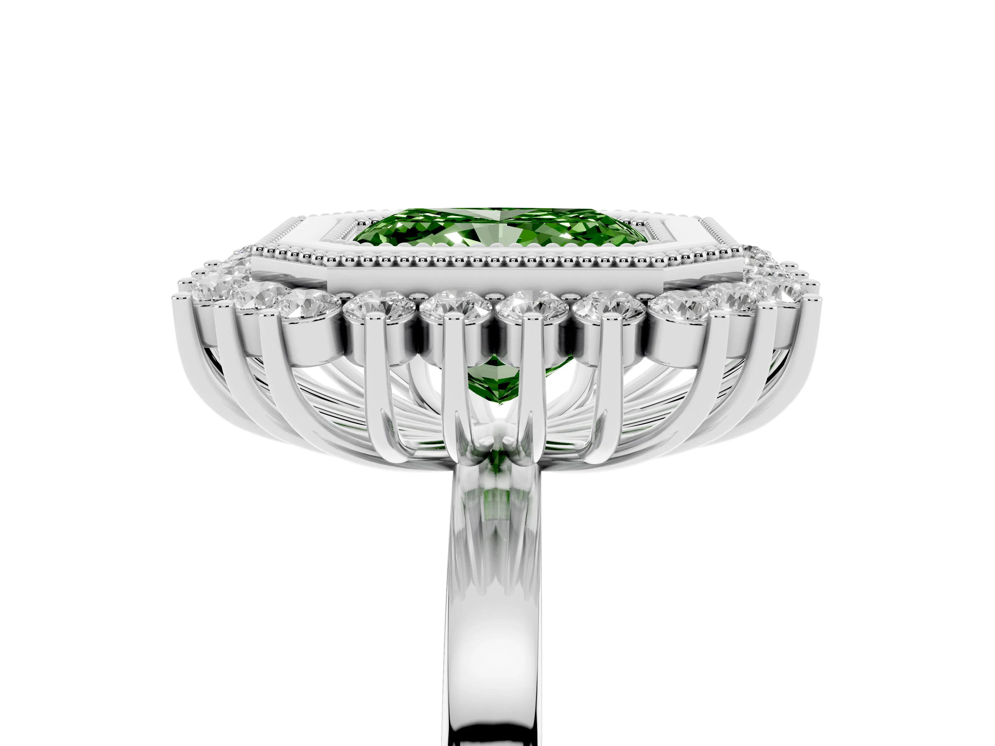 Fancy Green Radiant Cut Diamond Halo Ring Set in Platinum with Milgrain Edge and Round Prong Setting