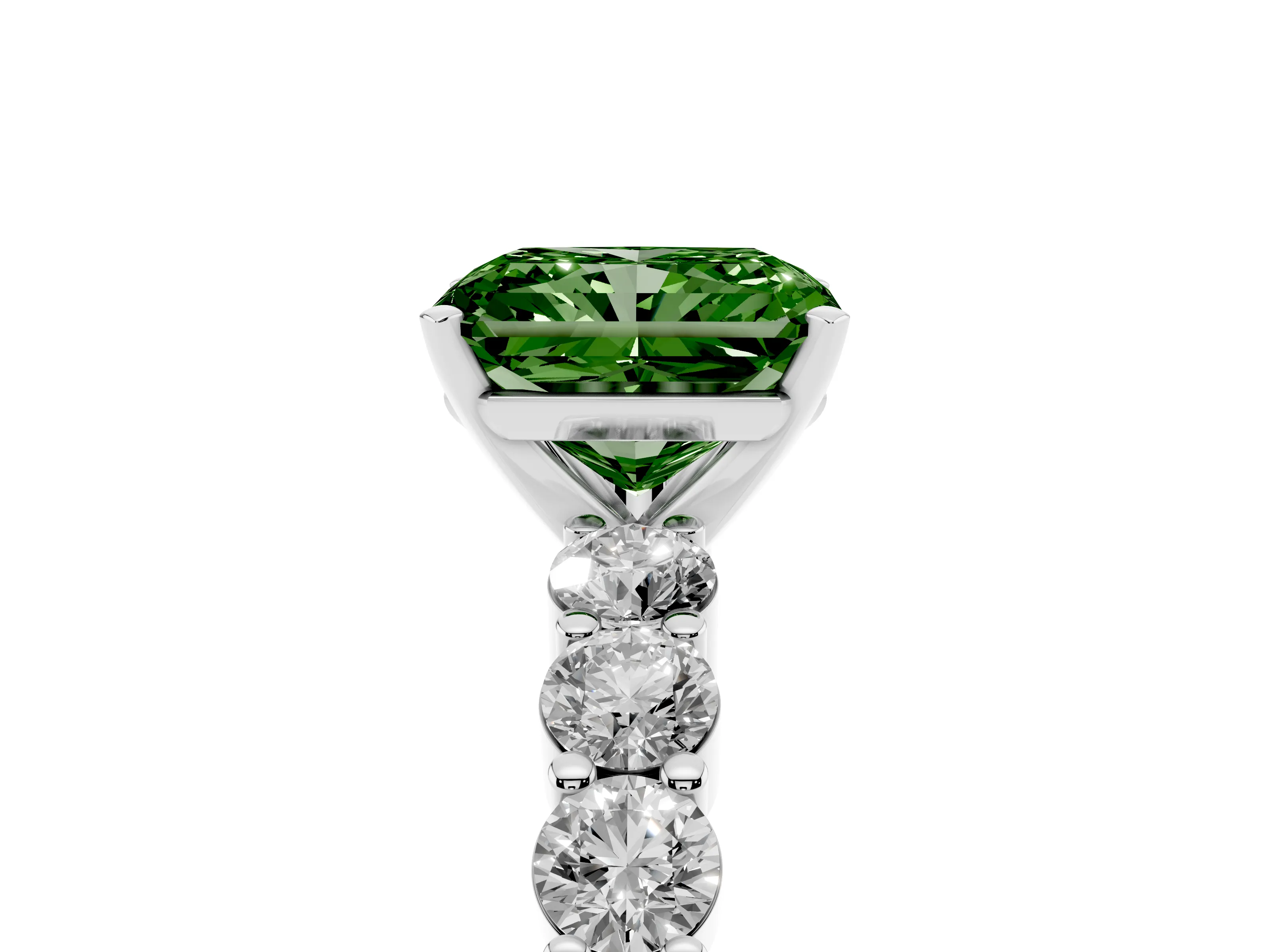 Fancy Green Radiant Cut Diamond Solitaire Ring Set in Platinum with Shared Prong Round Side Stones