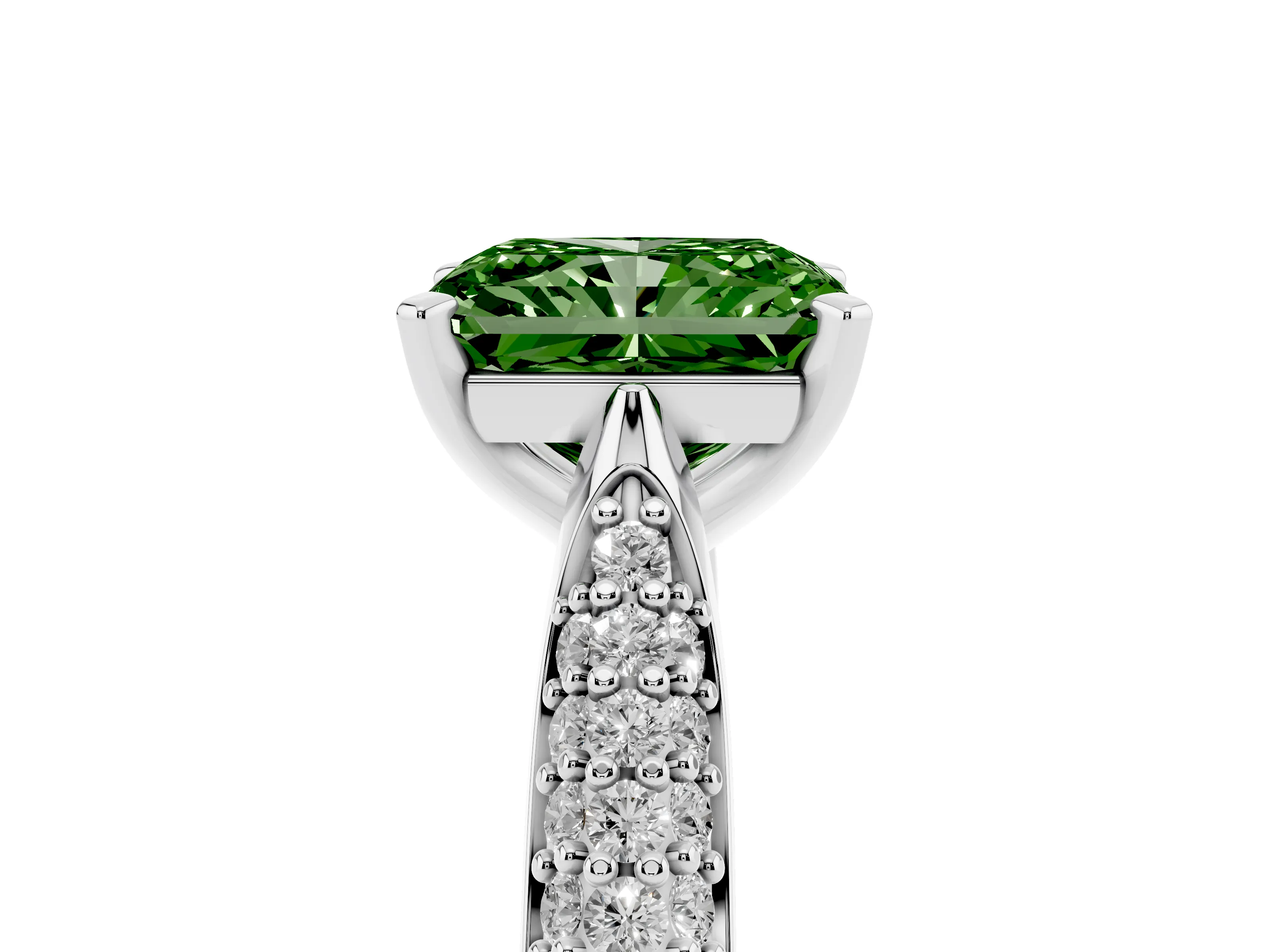 Fancy Green Radiant Cut Diamond Solitaire Engagement Ring Set in White gold with Multi-Row Round Pavé Band and Prong Setting