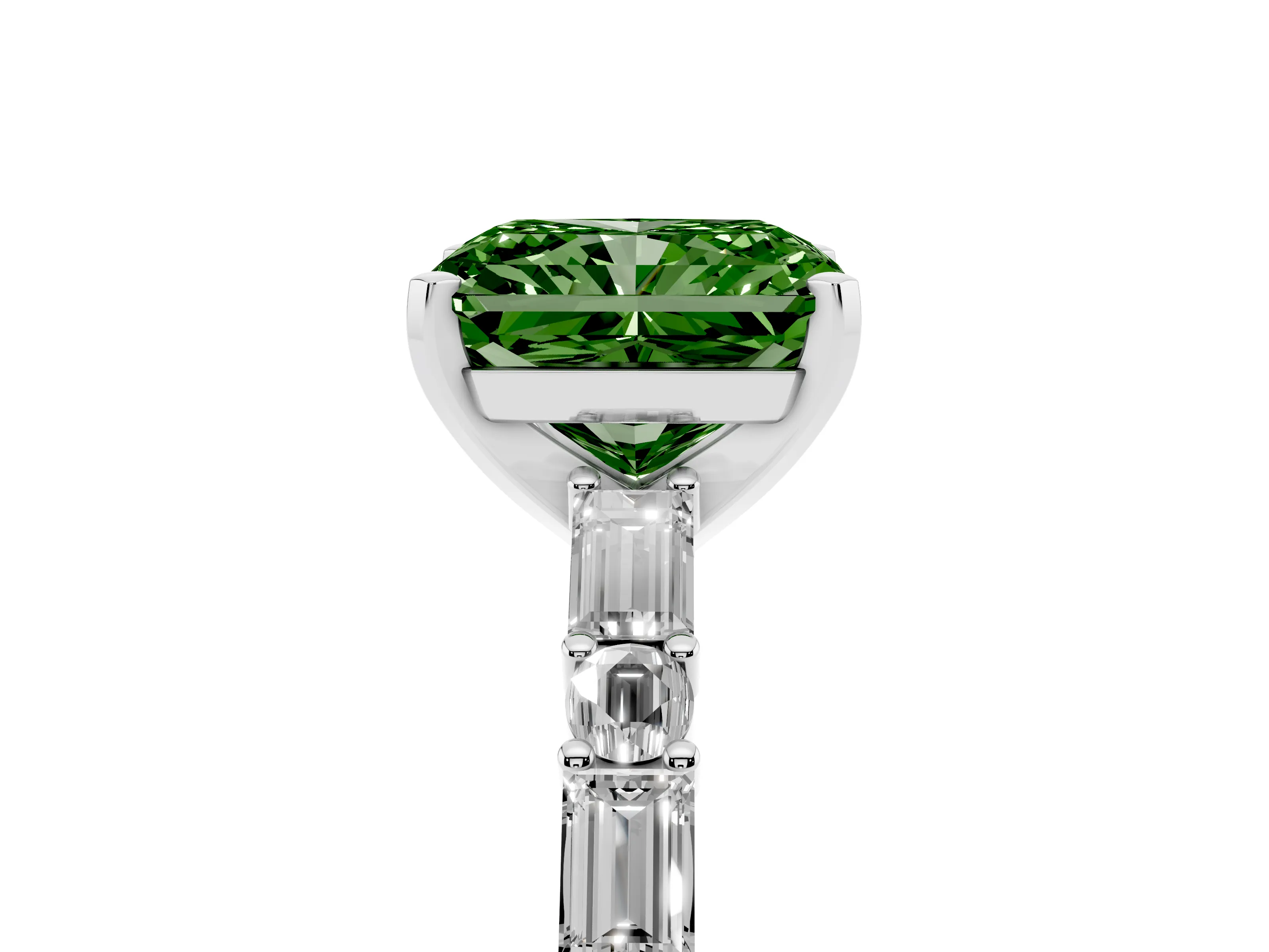 Fancy Green Radiant Cut Diamond Solitaire Set in Platinum with Side Baguettes and Channel Set Band