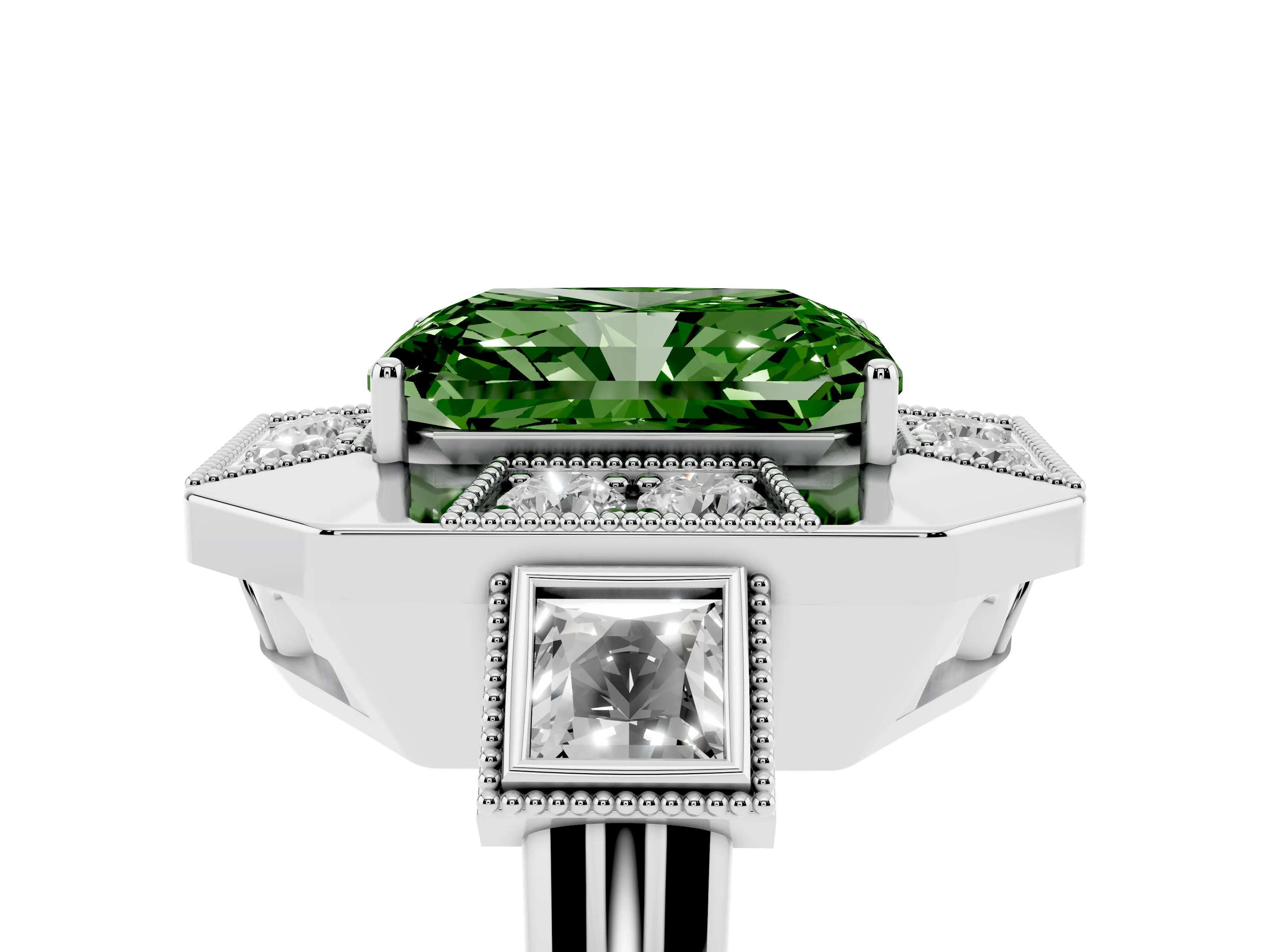 Fancy Green Radiant Cut Diamond Milgrain Halo Ring Set in Silver with Split Shank
